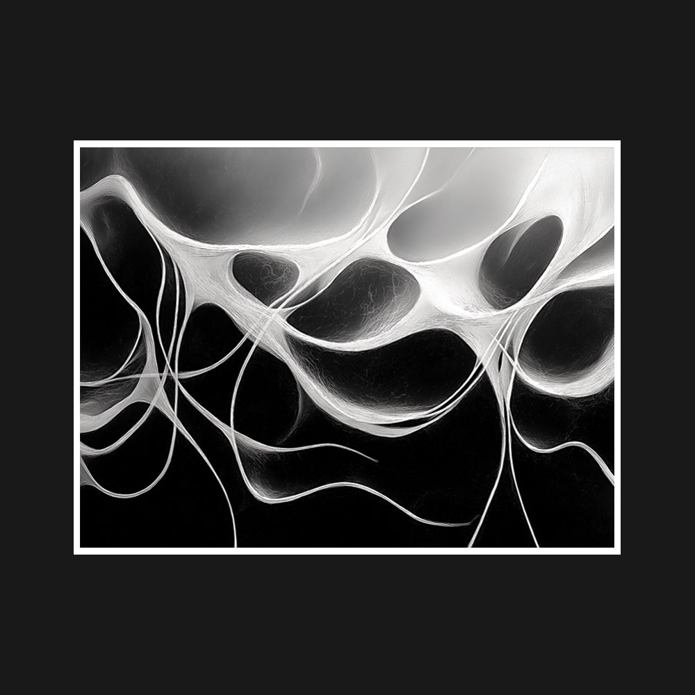 Intricate, suspended lines twisted and fractured, crossing over each other and leading into emptiness, symbolizing the fragility and beauty of absence and chaos.