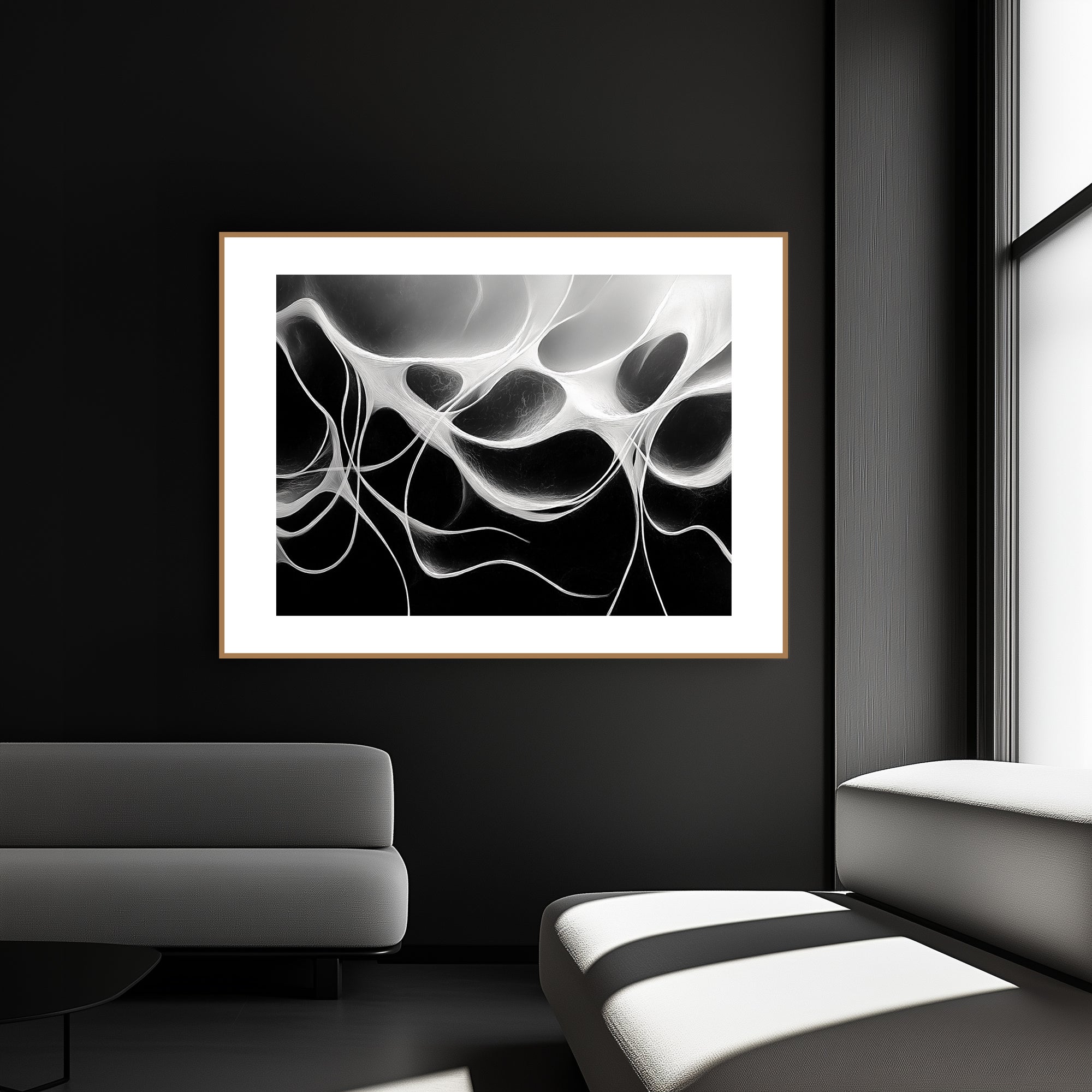 Mockup of Intricate, suspended lines twisted and fractured, crossing over each other and leading into emptiness, symbolizing the fragility and beauty of absence and chaos.