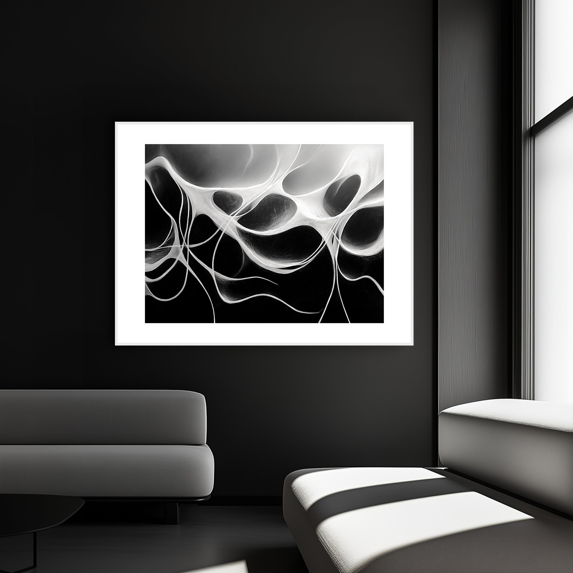 Mockup of Intricate, suspended lines twisted and fractured, crossing over each other and leading into emptiness, symbolizing the fragility and beauty of absence and chaos.