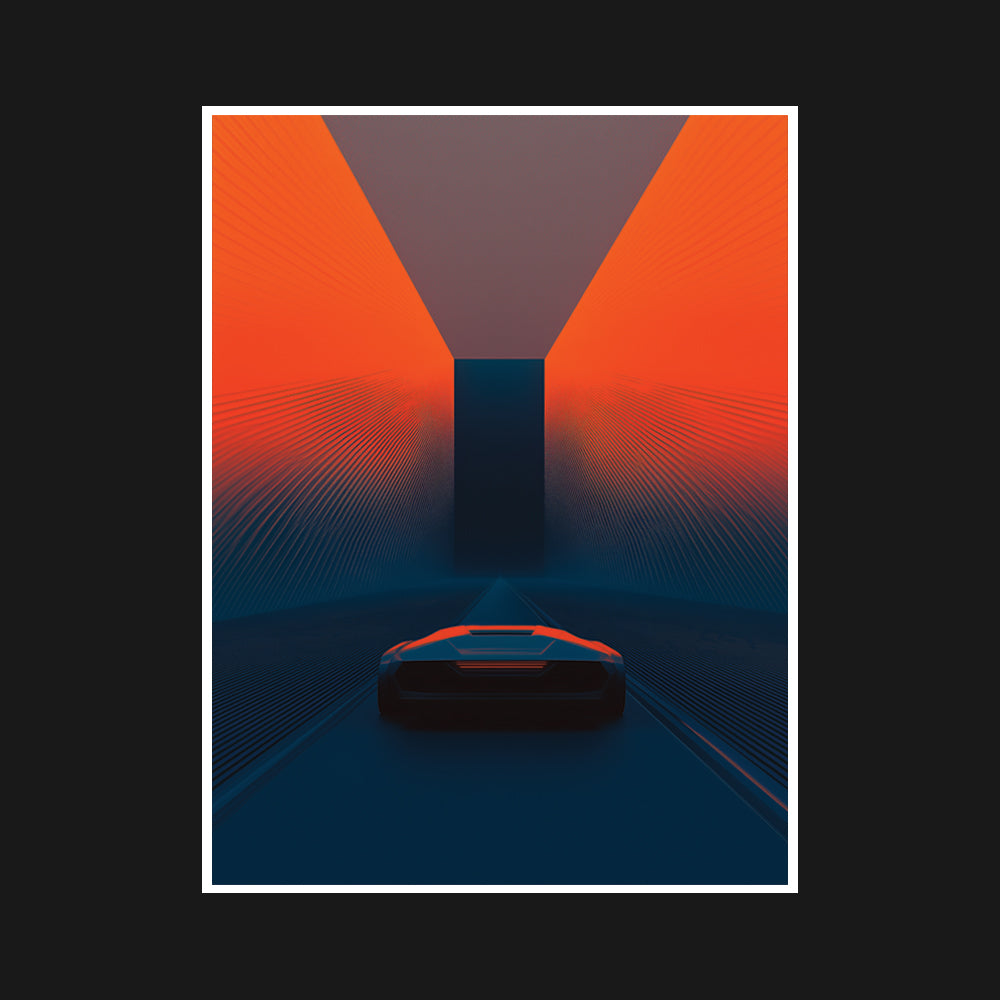 Fractured electric blue and orange neon hues pulse through a chaotic Hyperlane, with twisting walls and shifting synthetic light, symbolizing a fluid and rebellious future in constant flux.