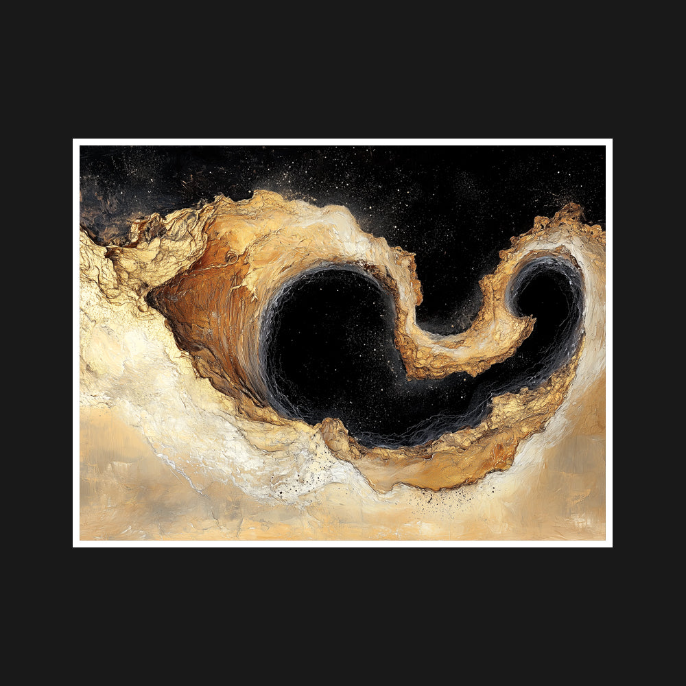 Gold and black interplay, symbolizing ambition, transformation, and balance between emergence and entropy, capturing a dynamic equilibrium in texture and hue.