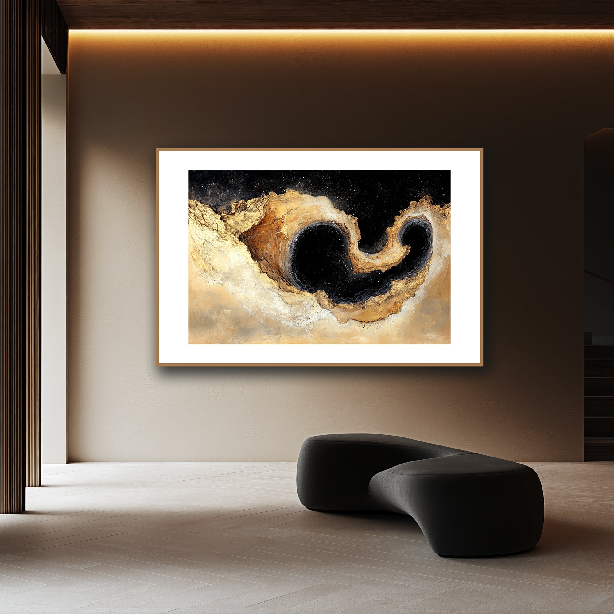 Mockup of Gold and black interplay, symbolizing ambition, transformation, and balance between emergence and entropy, capturing a dynamic equilibrium in texture and hue.