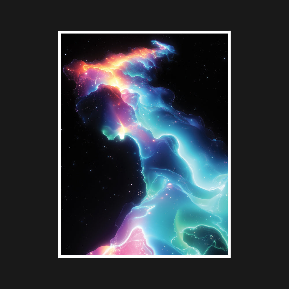 Neon light streaks in hues of teal, pink, and white traverse a cosmic void, symbolizing the birth of stars in distant nebulae, capturing the beauty of cosmic chaos.