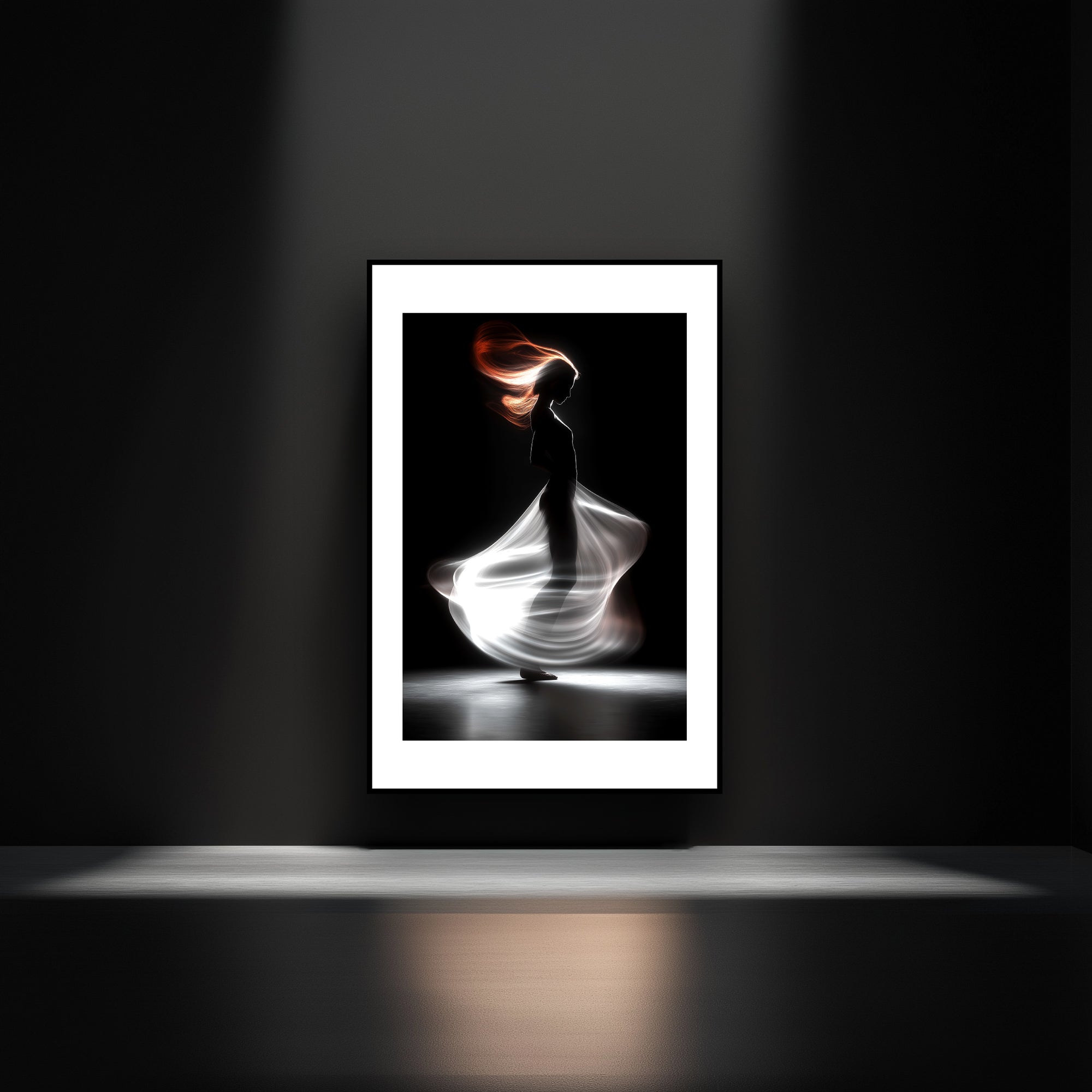 Mockup of a graceful silhouette rises under a play of light and shadow, capturing a fleeting, poetic moment of movement and mystery.