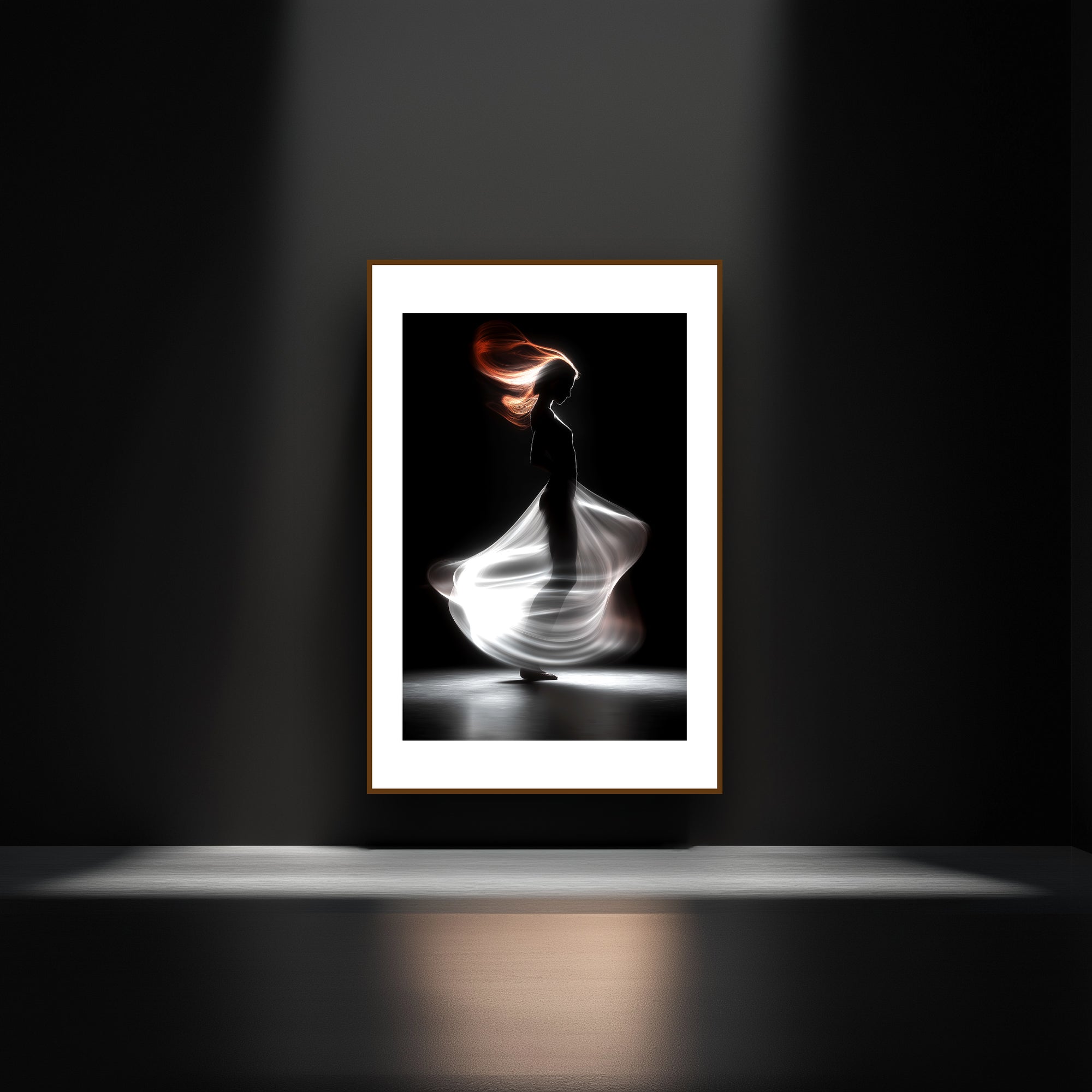 Mockup of a graceful silhouette rises under a play of light and shadow, capturing a fleeting, poetic moment of movement and mystery.