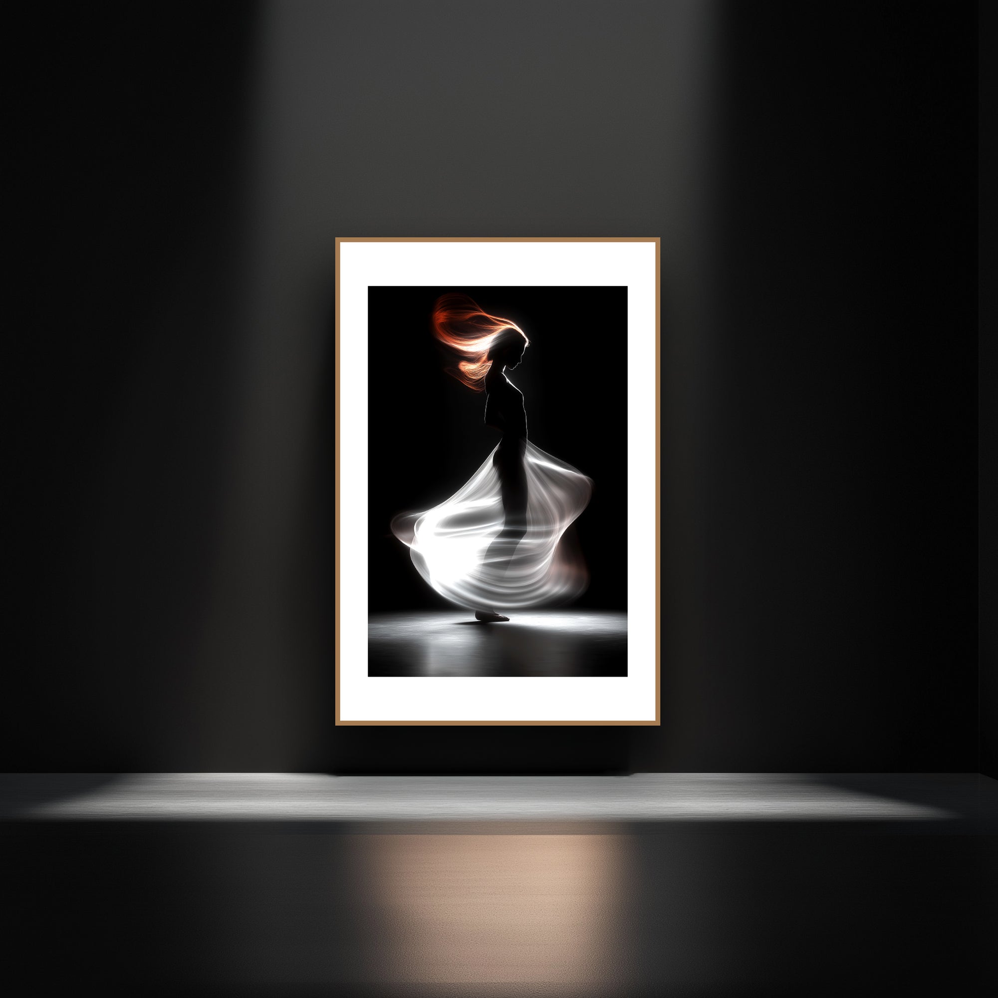 Mockup of a graceful silhouette rises under a play of light and shadow, capturing a fleeting, poetic moment of movement and mystery.