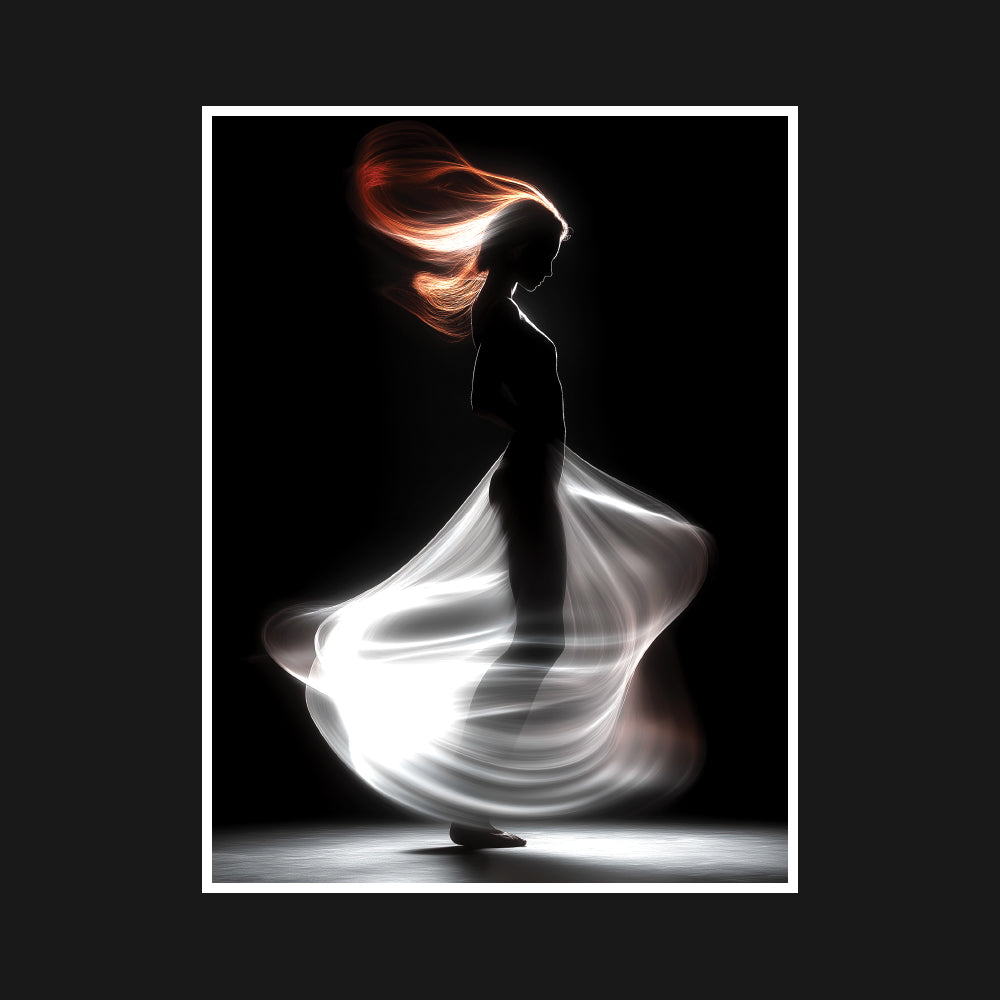 A graceful silhouette rises under a play of light and shadow, capturing a fleeting, poetic moment of movement and mystery.