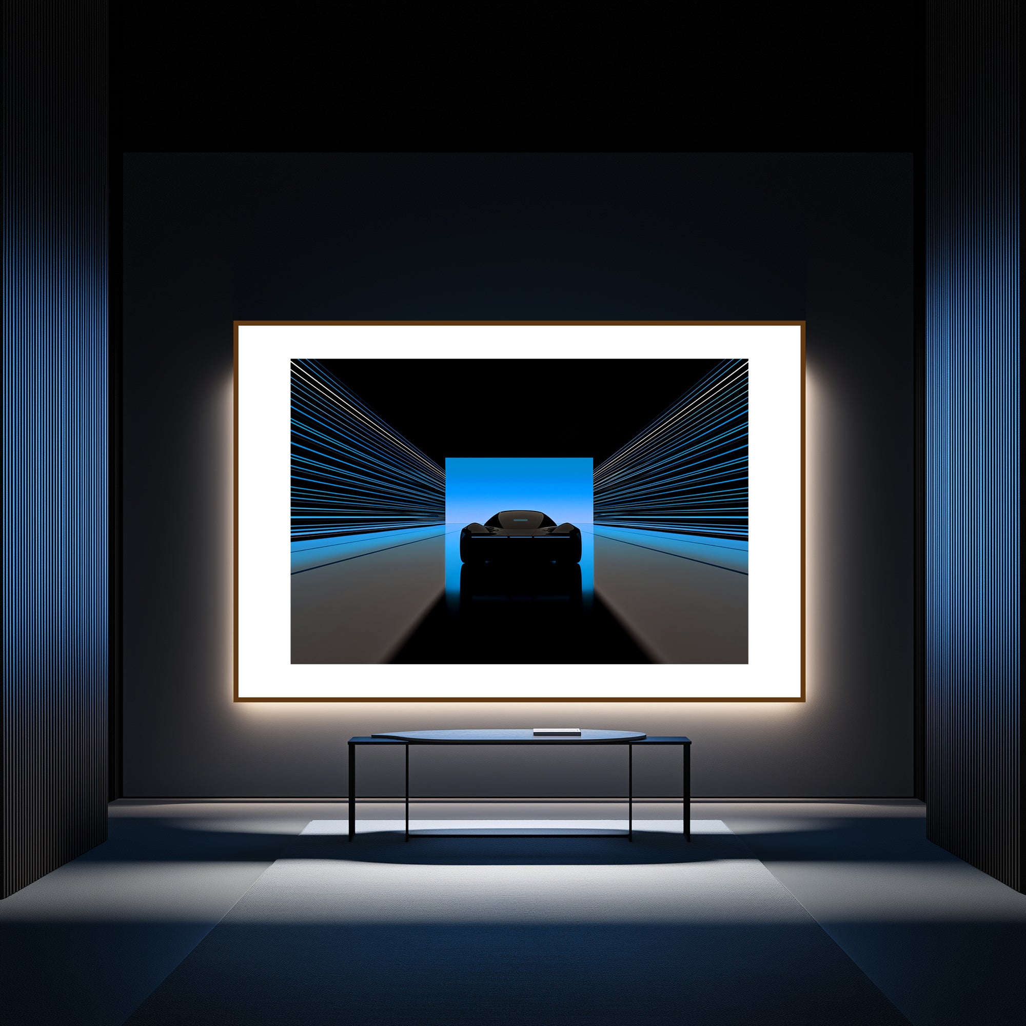 Mockup of an Electrically silent tunnel with streaked lines leading toward a horizon of Cerulean, symbolizing a crossing into clarity and serene rebellion, with a vibrant sky full of coded potential.