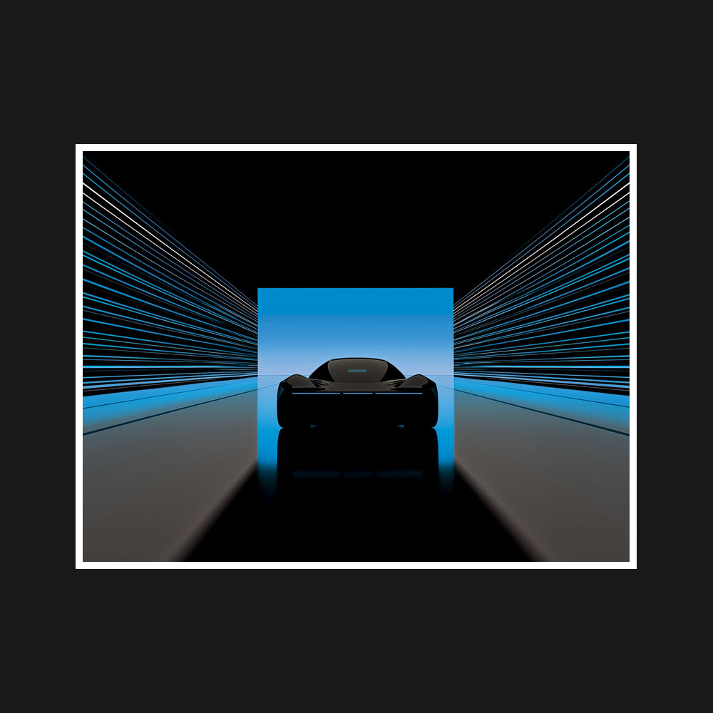 Electrically silent tunnel with streaked lines leading toward a horizon of Cerulean, symbolizing a crossing into clarity and serene rebellion, with a vibrant sky full of coded potential.