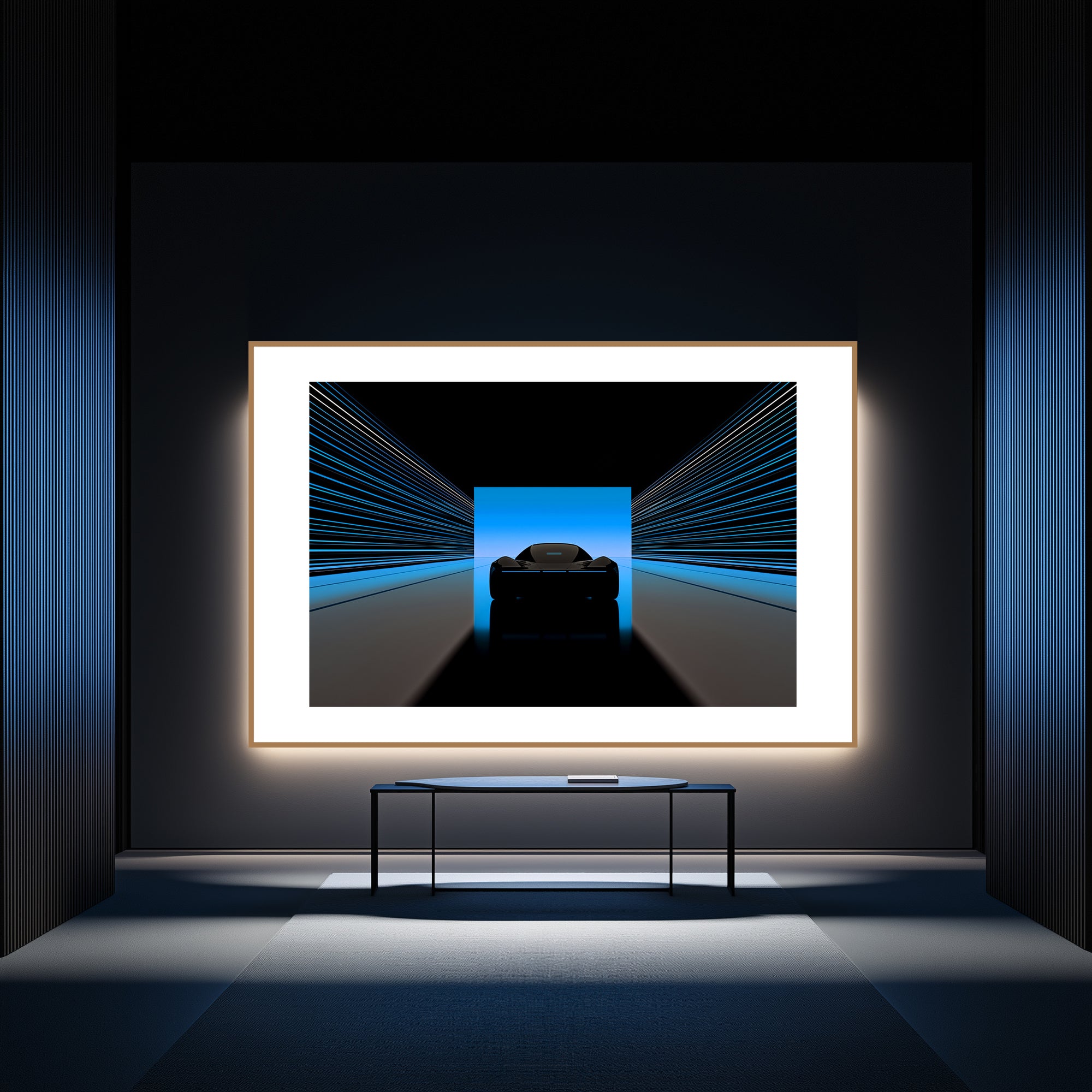 Mockup of an Electrically silent tunnel with streaked lines leading toward a horizon of Cerulean, symbolizing a crossing into clarity and serene rebellion, with a vibrant sky full of coded potential.