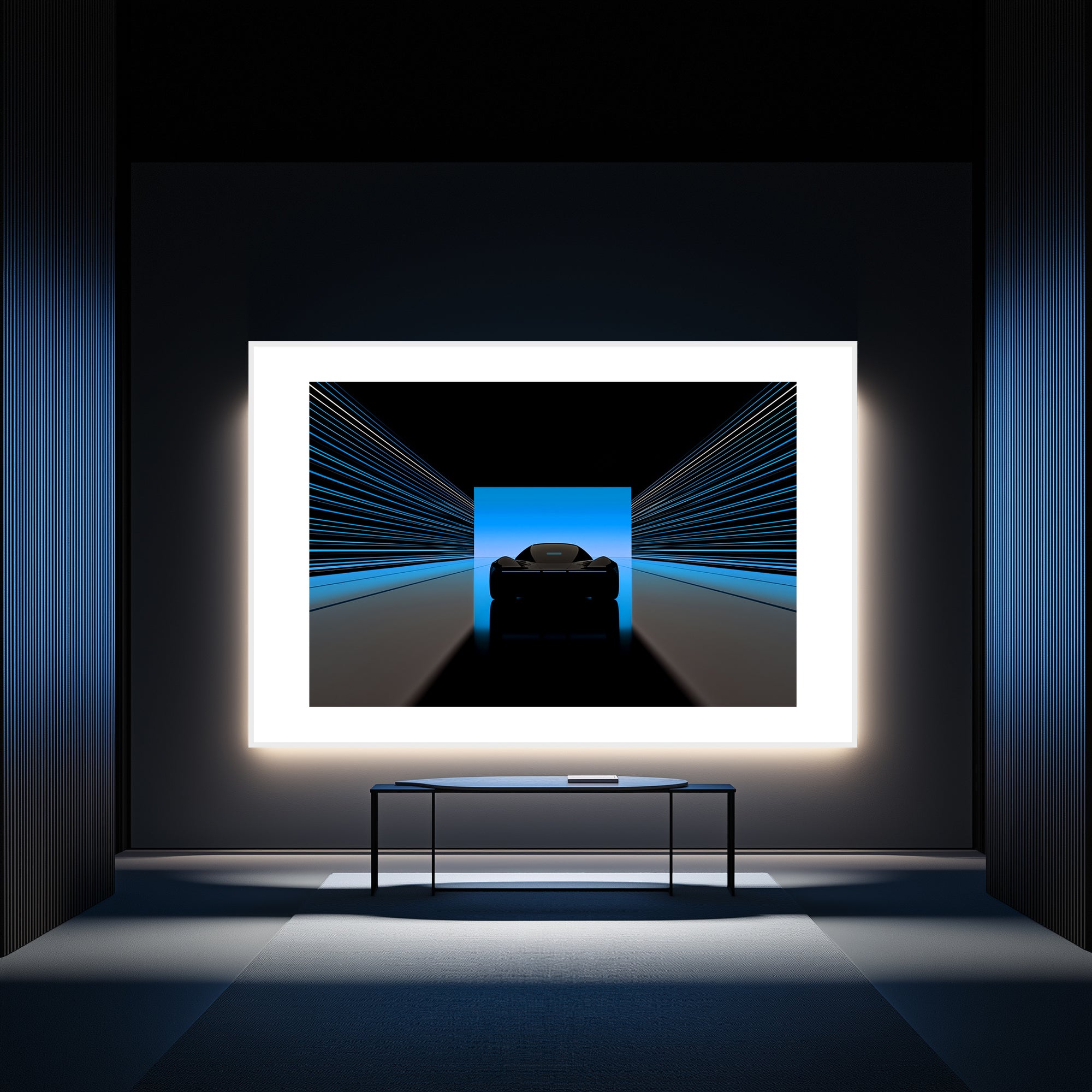 Mockup of an Electrically silent tunnel with streaked lines leading toward a horizon of Cerulean, symbolizing a crossing into clarity and serene rebellion, with a vibrant sky full of coded potential.
