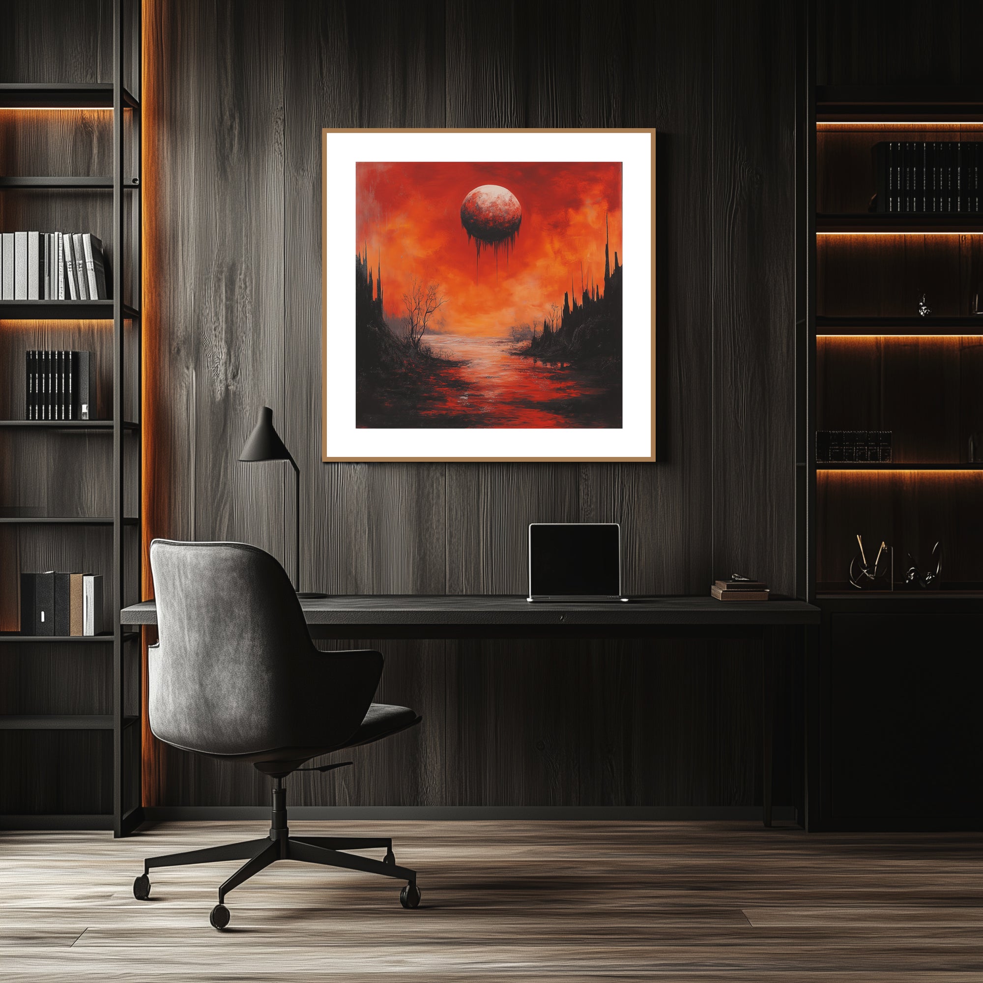 Mockup of Blood-red sky casts an eerie pall over a barren, cracked land with dead branches reaching toward a void, symbolizing inevitable truth and the quiet certainty of decay.