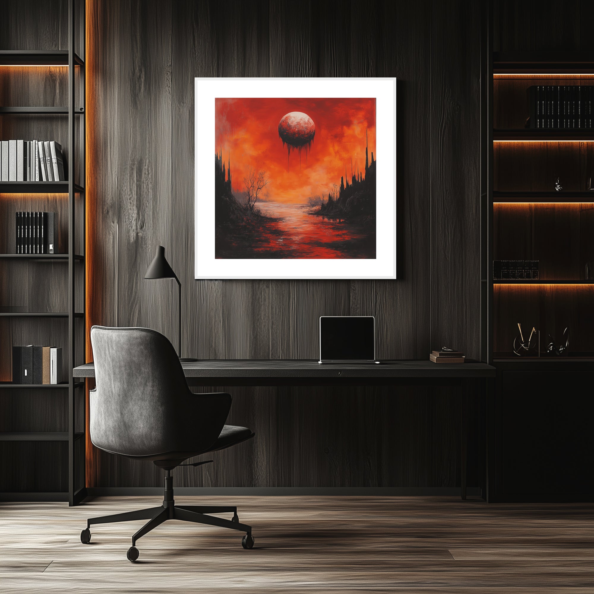 Mockup of Blood-red sky casts an eerie pall over a barren, cracked land with dead branches reaching toward a void, symbolizing inevitable truth and the quiet certainty of decay.