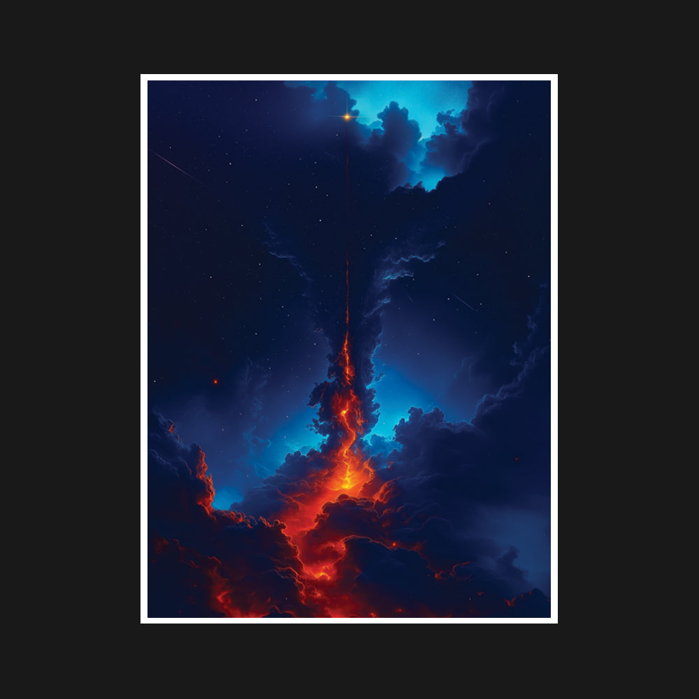 Luminous red chasm burns with celestial fire, contrasting with ethereal blues and rising toward a newborn star, symbolizing the dynamic interplay of creation, destruction, and cosmic transformation.