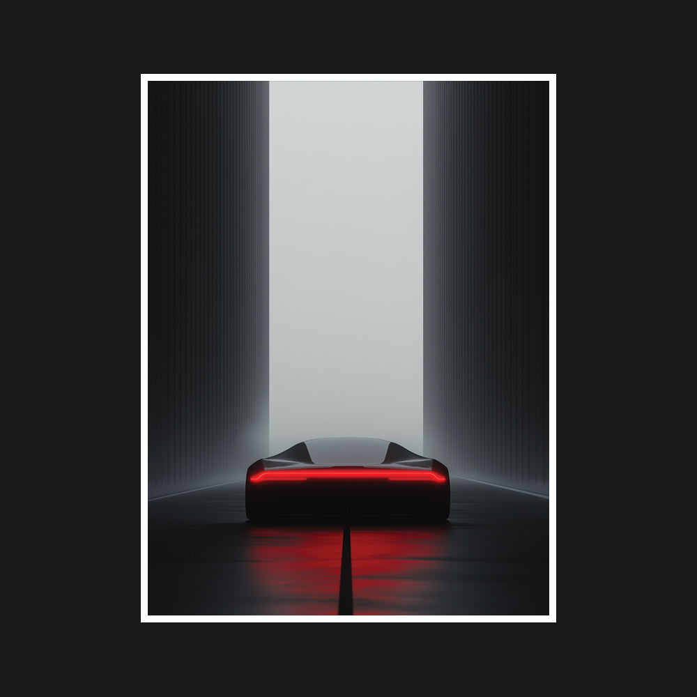 Sleek black car navigating a harsh, concrete landscape with towering structures and a faint red glow, symbolizing an uncertain journey driven by ruthless, inescapable momentum.