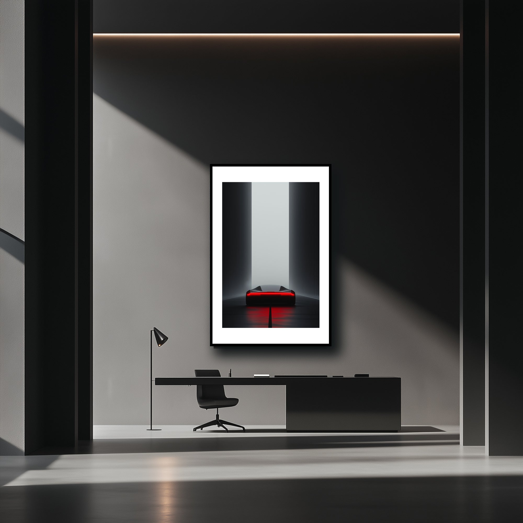 Mockup of a Sleek black car navigating a harsh, concrete landscape with towering structures and a faint red glow, symbolizing an uncertain journey driven by ruthless, inescapable momentum.