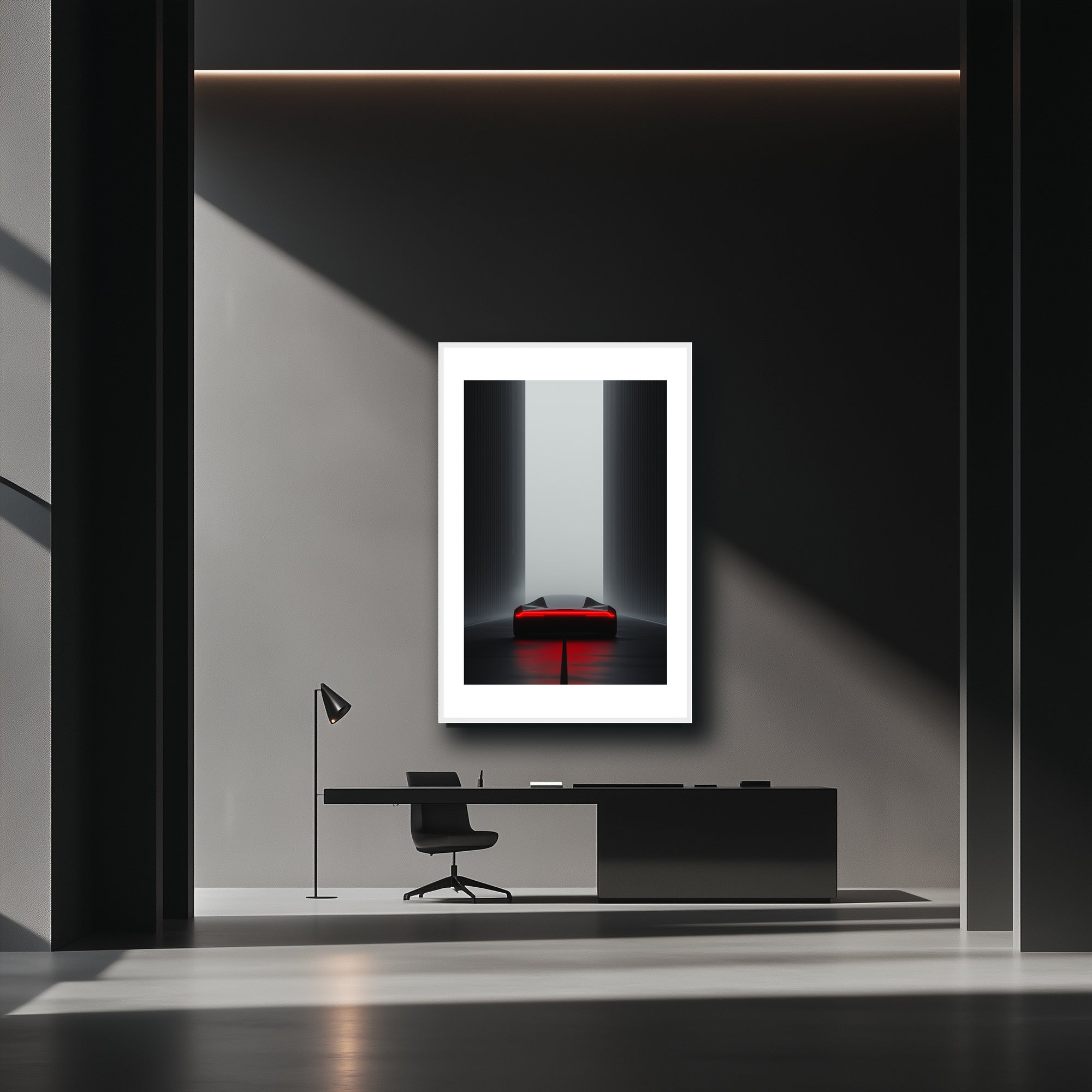 Mockup of a Sleek black car navigating a harsh, concrete landscape with towering structures and a faint red glow, symbolizing an uncertain journey driven by ruthless, inescapable momentum.