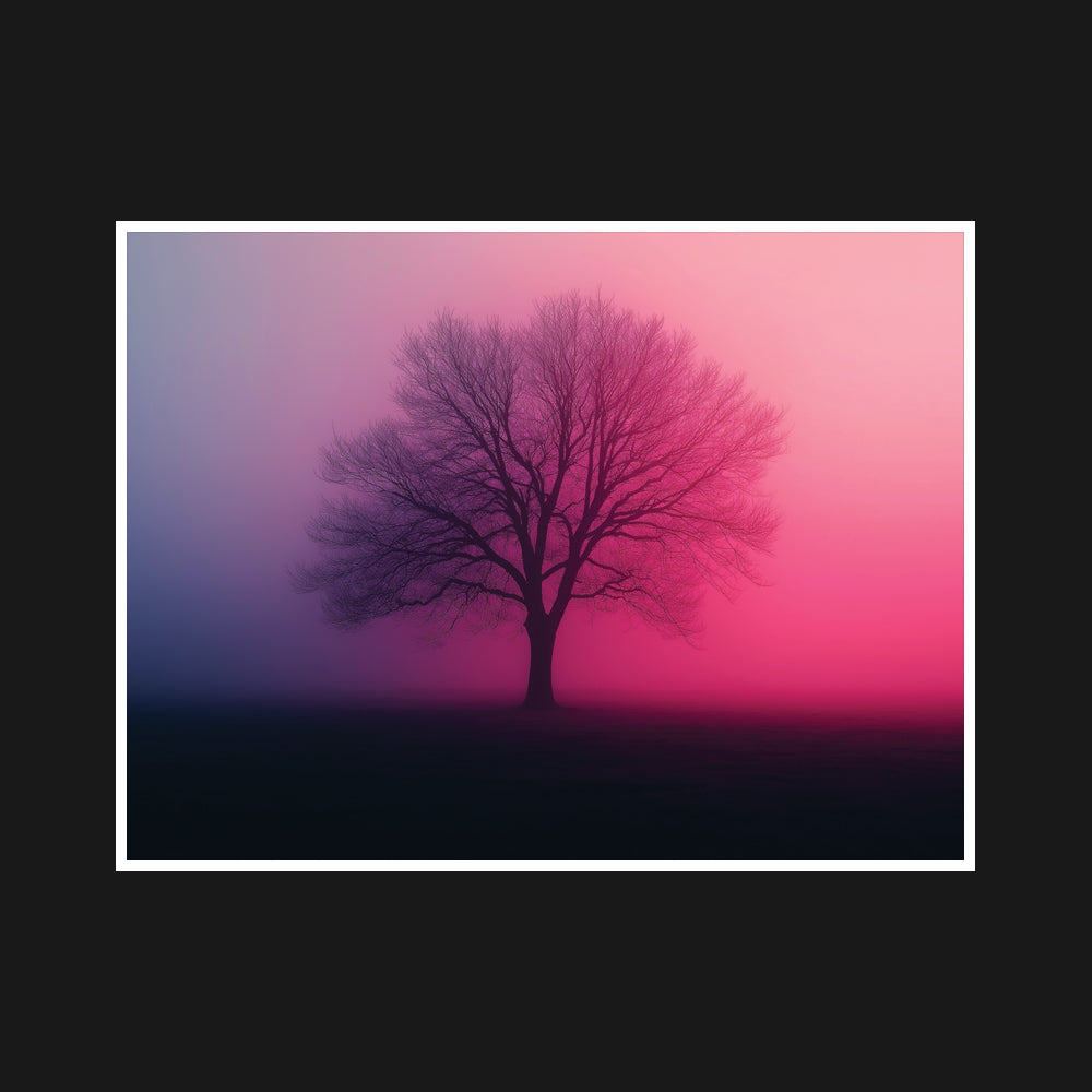 Undefined presence in a misty, shadowed landscape with bare branches reaching into the fog, illuminated by a subtle, intense glow, creating an ethereal, haunting atmosphere.