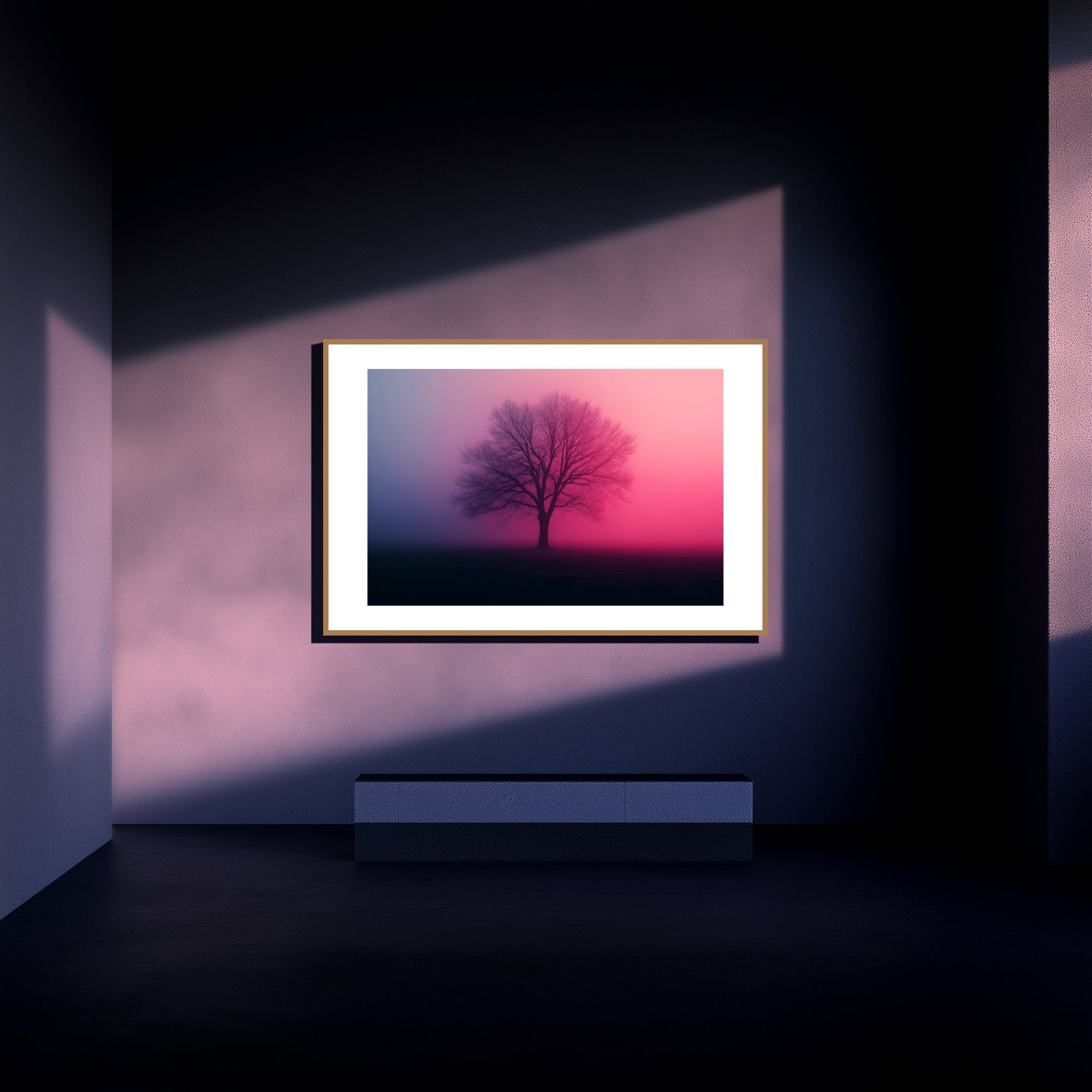 Mockup of an Undefined presence in a misty, shadowed landscape with bare branches reaching into the fog, illuminated by a subtle, intense glow, creating an ethereal, haunting atmosphere.