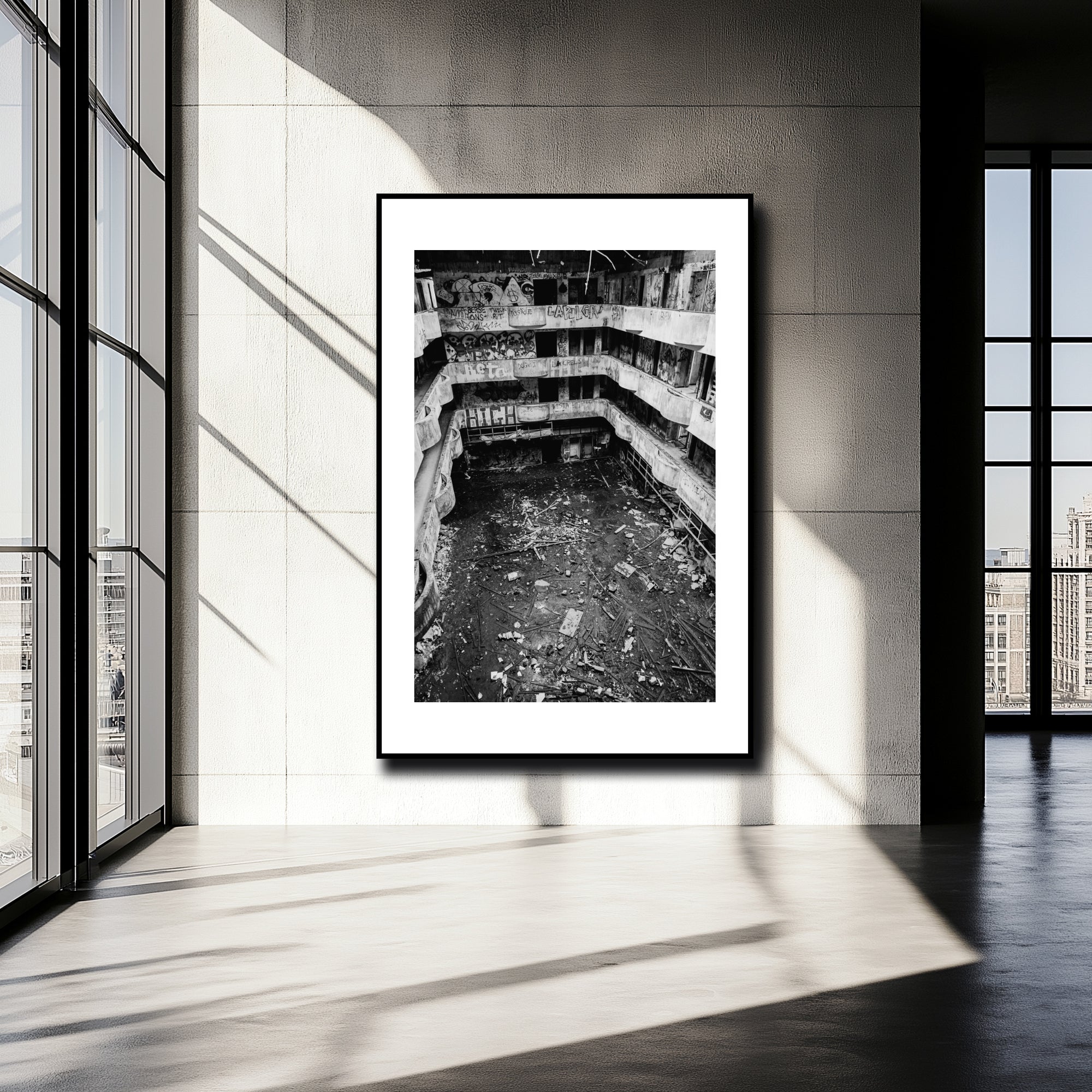 Mockup of the crumbling interior of an abandoned hotel, with graffiti-covered walls and fractured surfaces, showcasing urban decay and raw desolation.