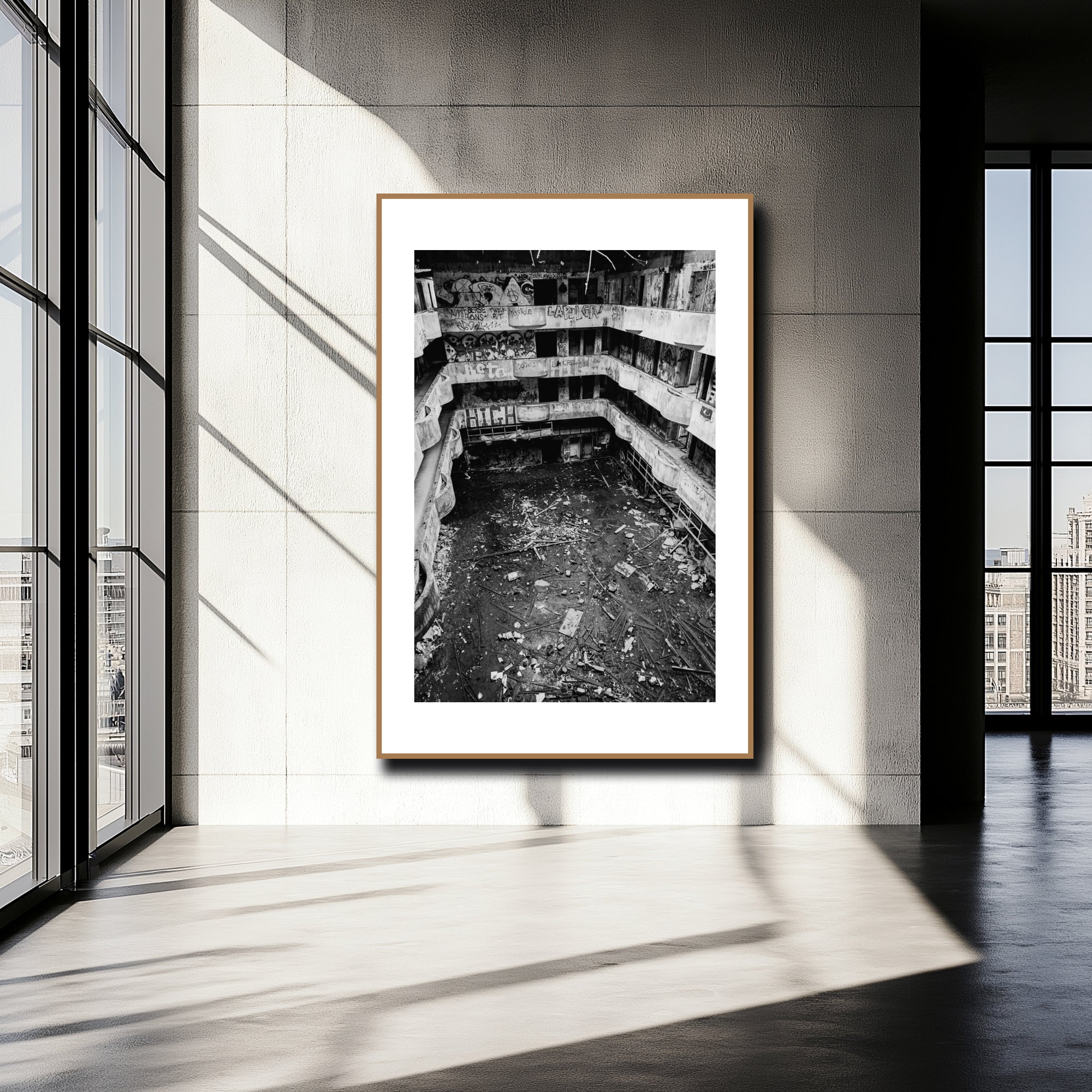 Mockup of the crumbling interior of an abandoned hotel, with graffiti-covered walls and fractured surfaces, showcasing urban decay and raw desolation.