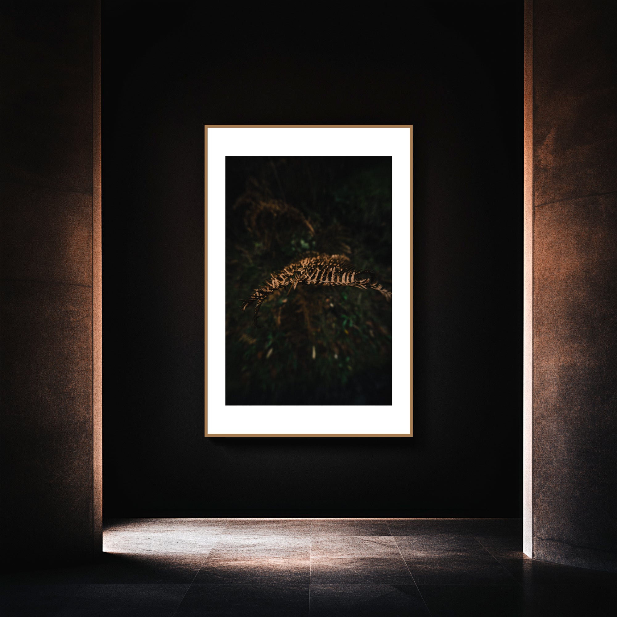 Mockup of a lone fern frond wilts softly in muted tones, showcasing delicate details and the serene stillness of nature.