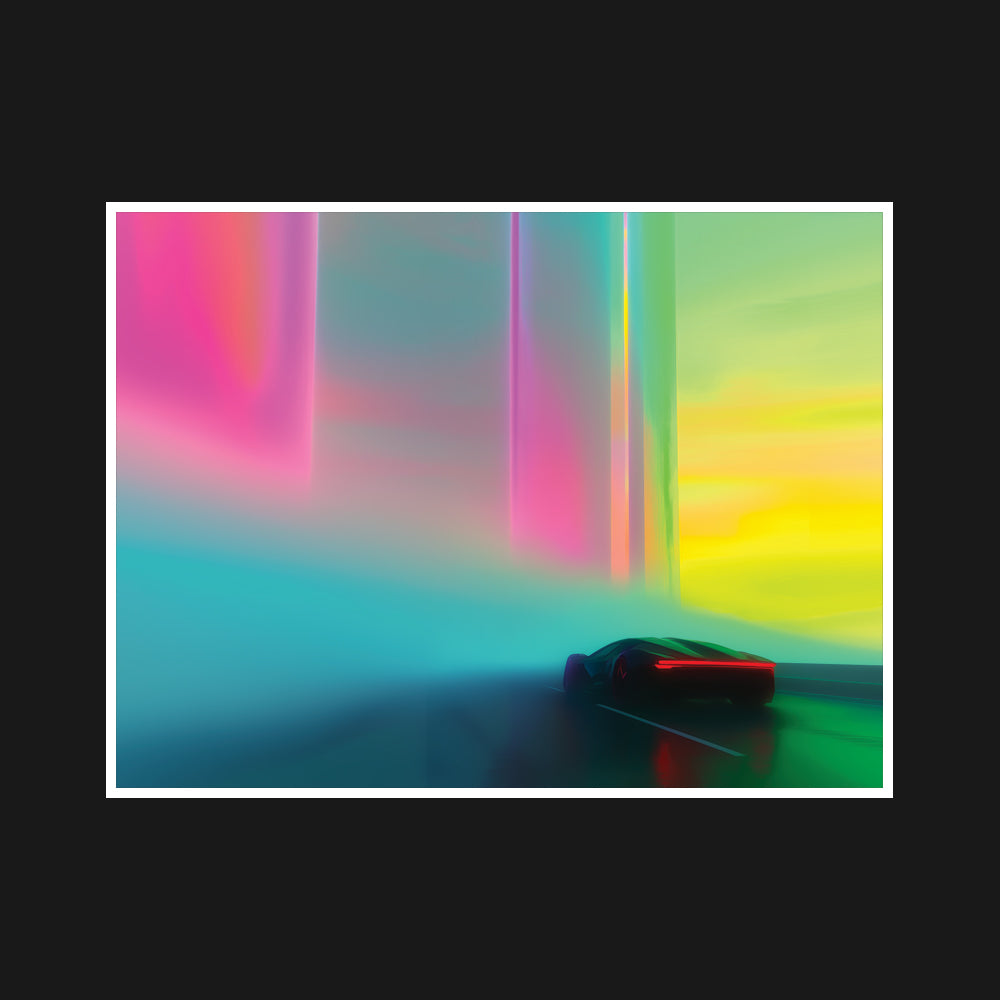 Car gliding through a vibrant haze of neon colors on a road that blurs the line between dream and reality, symbolizing a serene journey into the unknown, filled with potential and optimism.