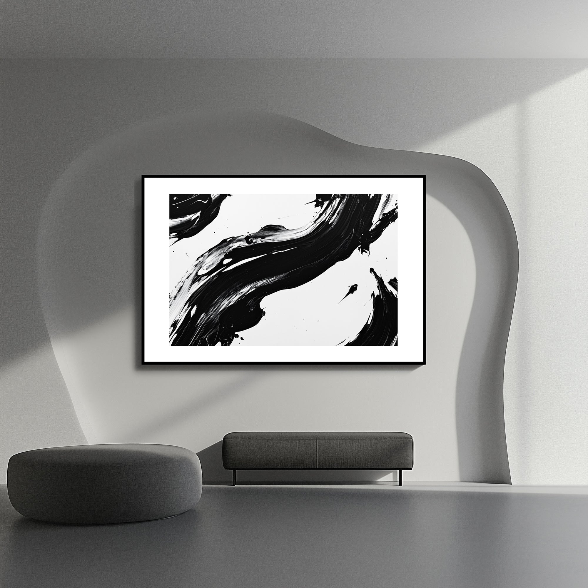 Mockup of Soft black and white lines merge and overlap, symbolizing the convergence of chaos and order, capturing a delicate balance and the rhythm of change in a minimalist composition.