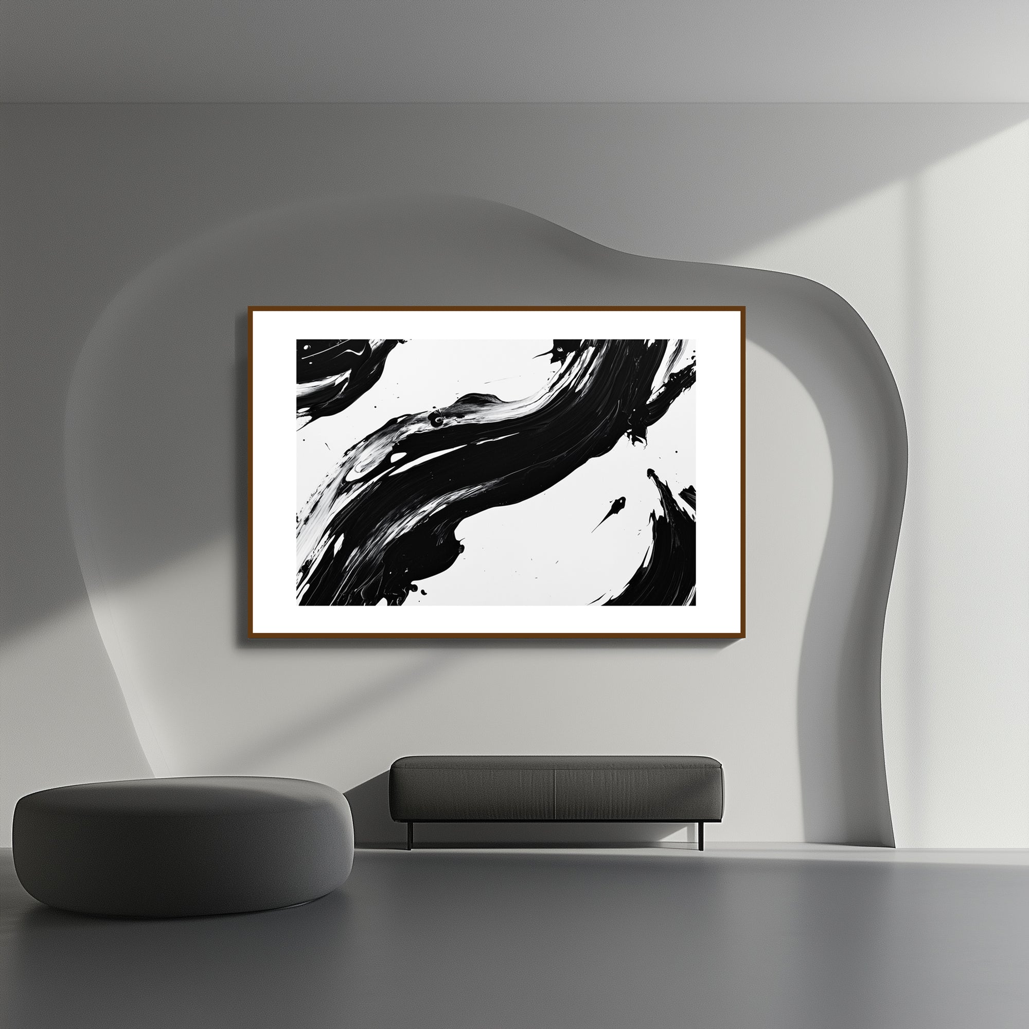 Mockup of Soft black and white lines merge and overlap, symbolizing the convergence of chaos and order, capturing a delicate balance and the rhythm of change in a minimalist composition.