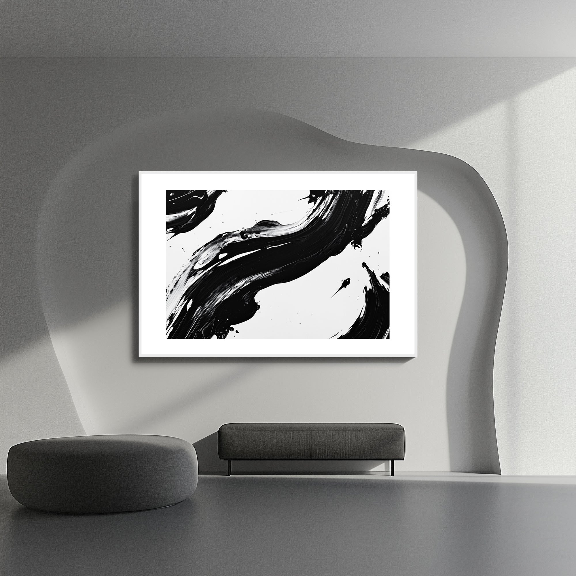 Mockup of Soft black and white lines merge and overlap, symbolizing the convergence of chaos and order, capturing a delicate balance and the rhythm of change in a minimalist composition.