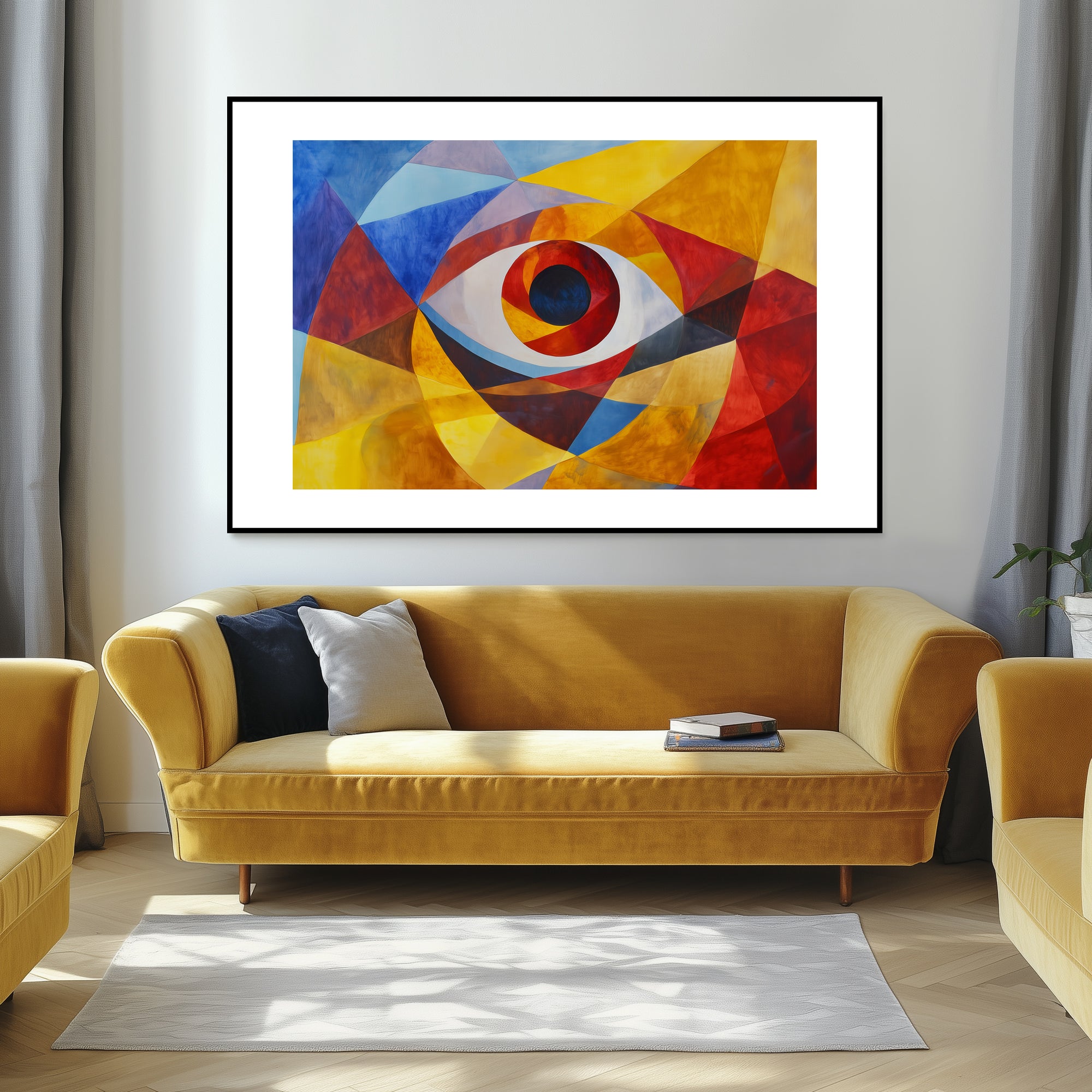 Mockup of Geometric shapes collide and coalesce, creating a prismatic effect, symbolizing the exploration of fractured reality and the harmony between simplicity and complexity.