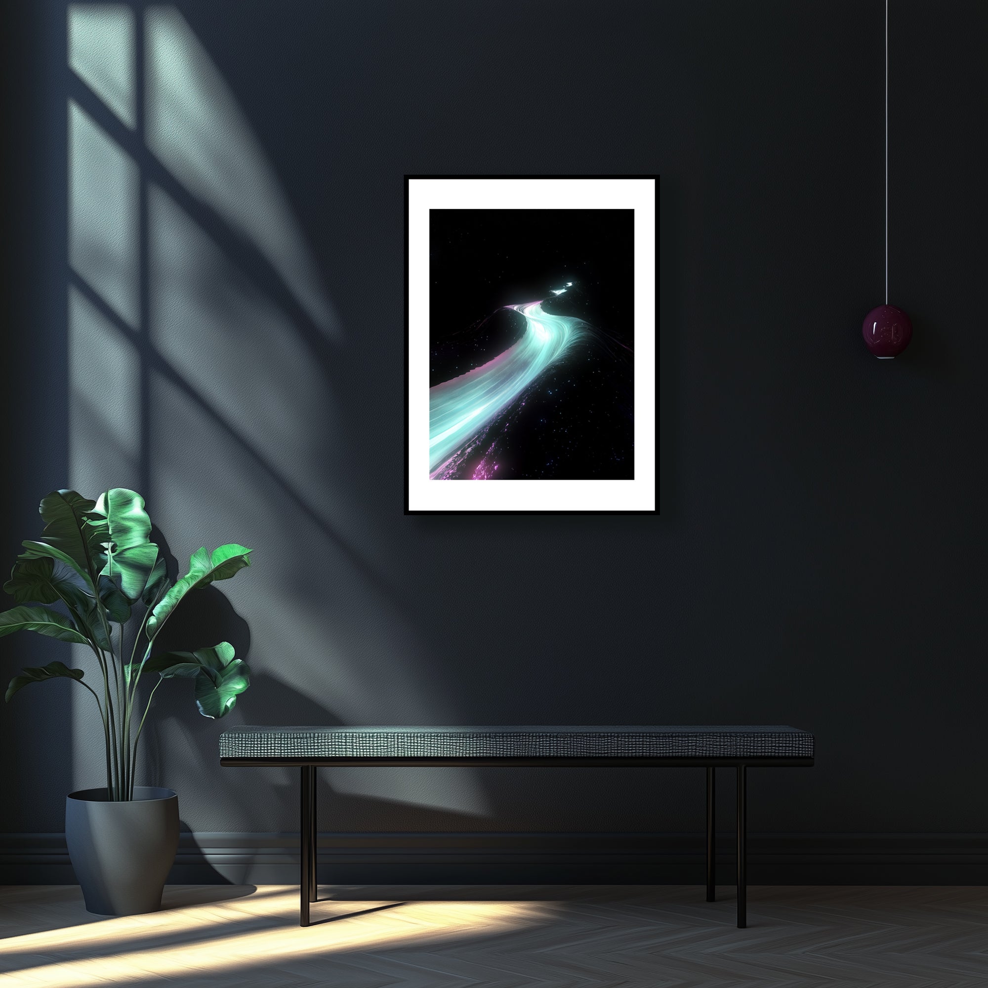 Mockup of a Teal and pink rift cutting through the cosmic black, humming with primal energy, symbolizing a celestial upheaval and a gateway to realms where time and space fold into the sublime.