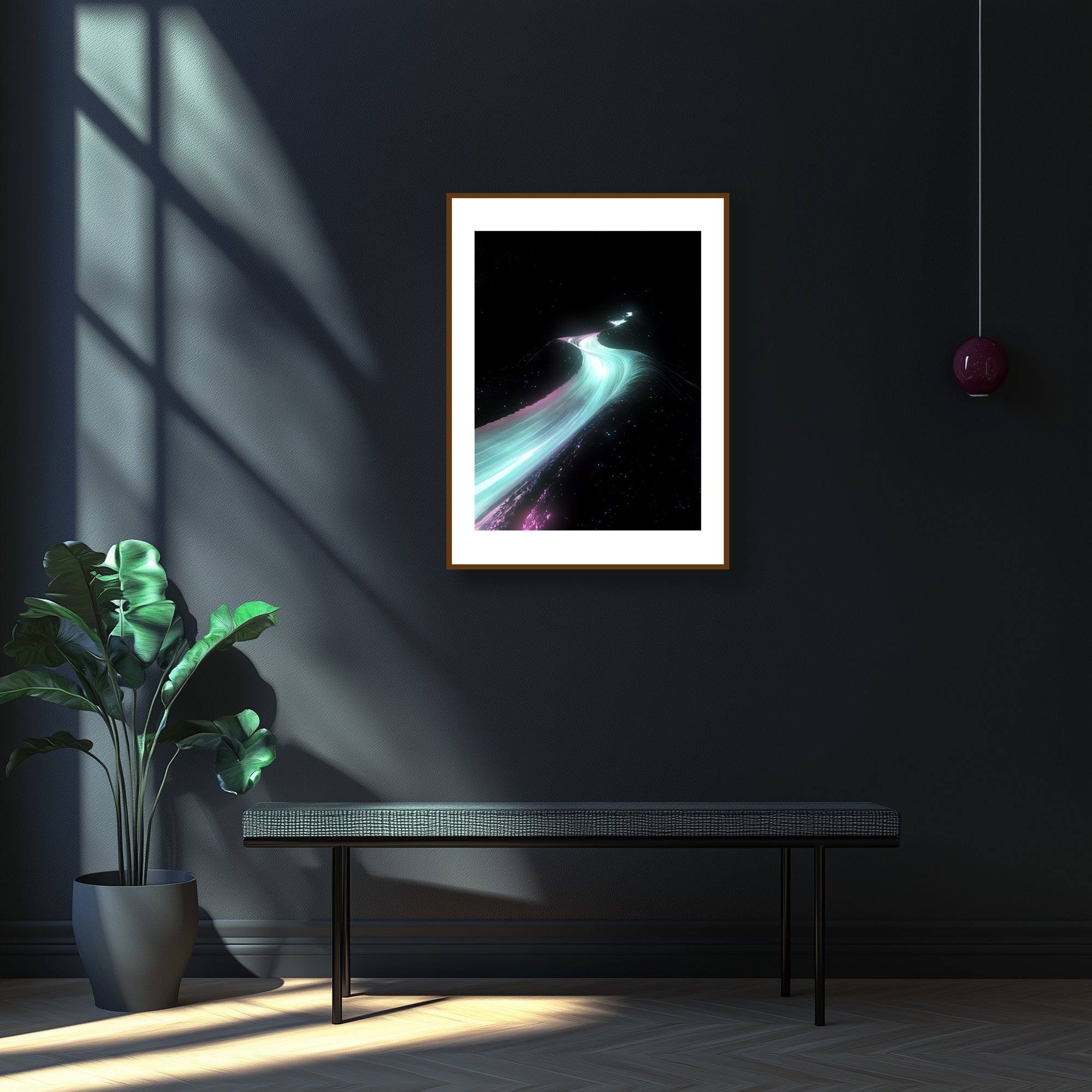 Mockup of a Teal and pink rift cutting through the cosmic black, humming with primal energy, symbolizing a celestial upheaval and a gateway to realms where time and space fold into the sublime.