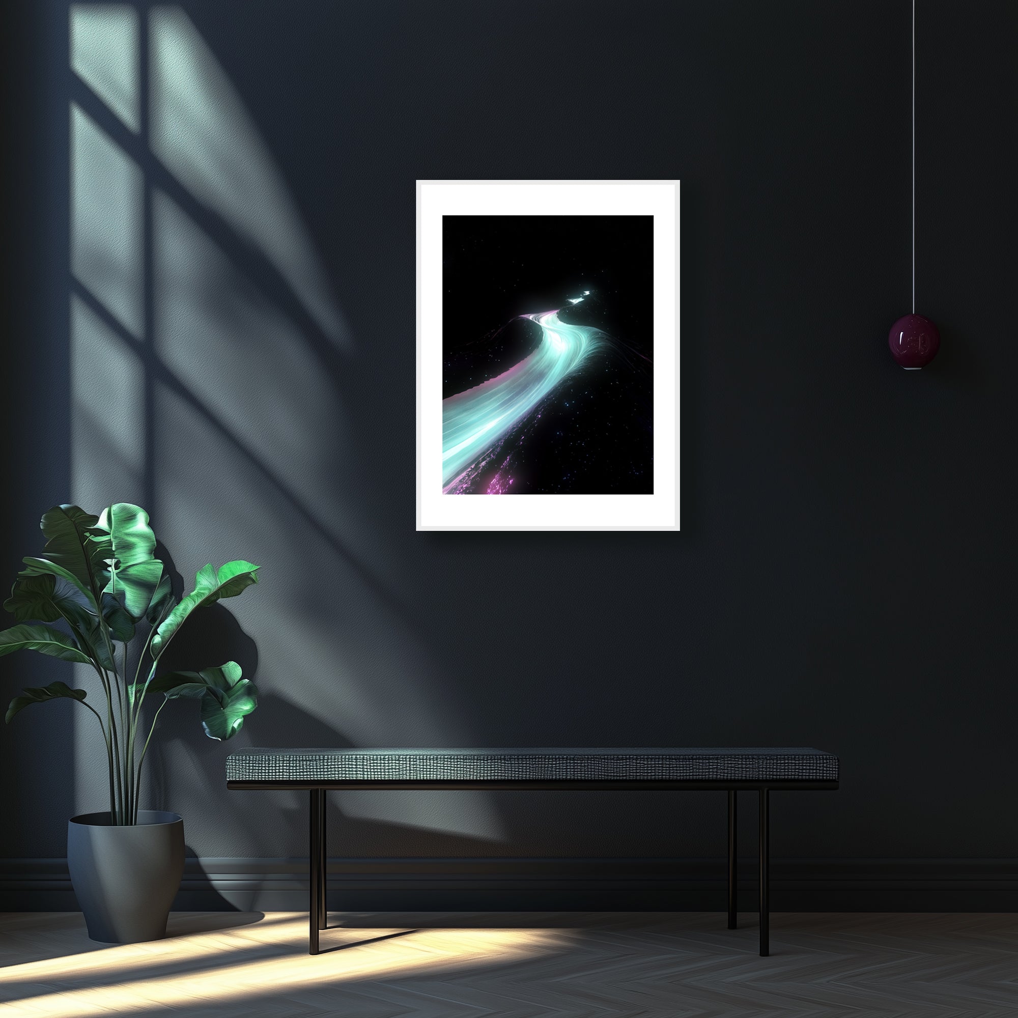 Mockup of a Teal and pink rift cutting through the cosmic black, humming with primal energy, symbolizing a celestial upheaval and a gateway to realms where time and space fold into the sublime.