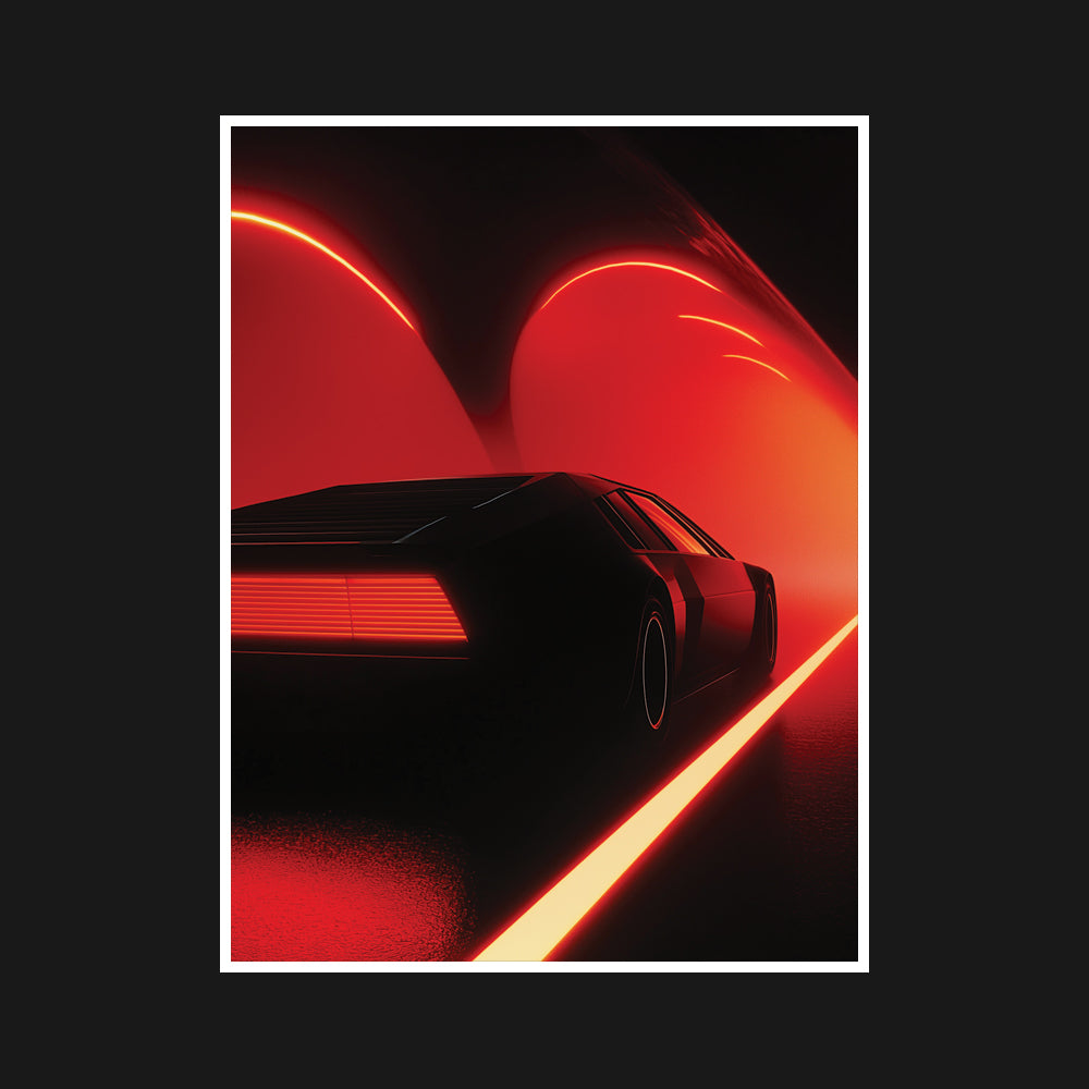 Car gliding through a crimson haze, moving with sharp clarity and embracing danger as a force, symbolizing a journey of calculated choice and quiet rebellion guided by the pulse of possibility.