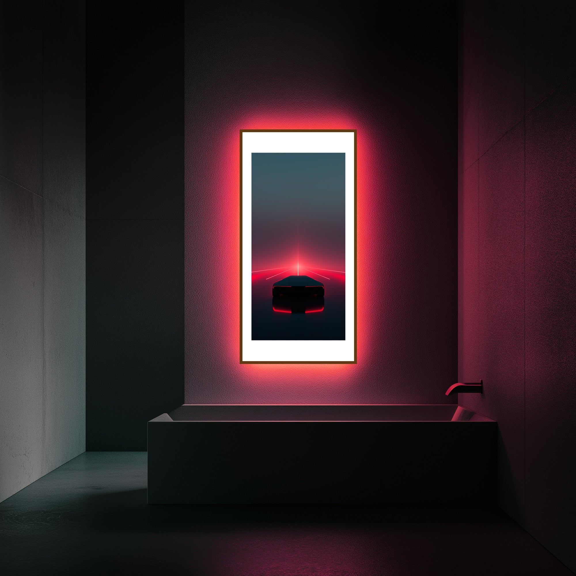 Mockup of a Car blazing through shifting crimson skies on a Hyperlane, symbolizing a high-velocity journey of ambition and calculated risk, with a trail of energy echoing the rush of possibility.
