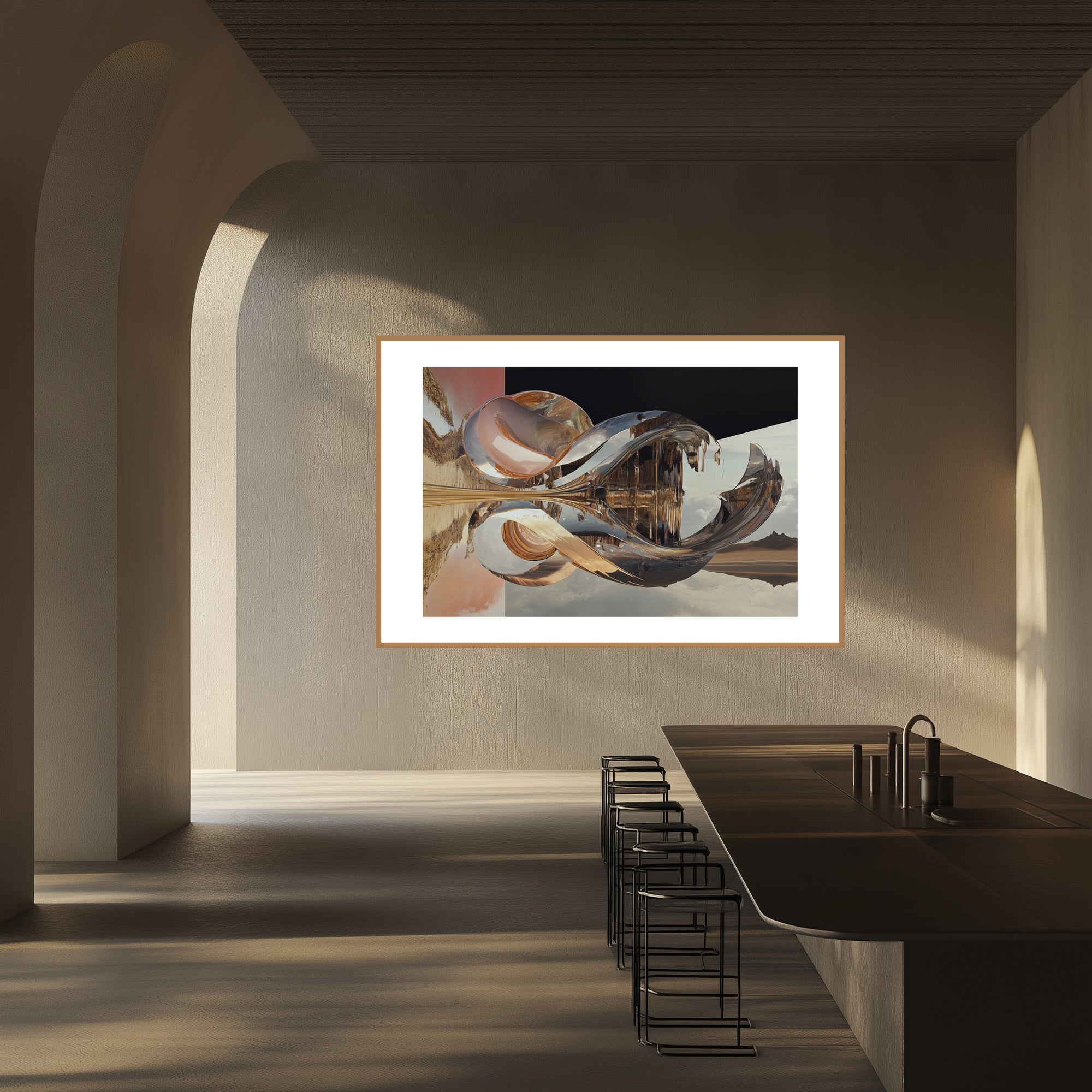 Mockup of Reflective forms flowing beneath an unseen veil, symbolizing restrained luxury and subtle elegance, with a delicate interplay of light and shadow revealing beauty in structure and precision.