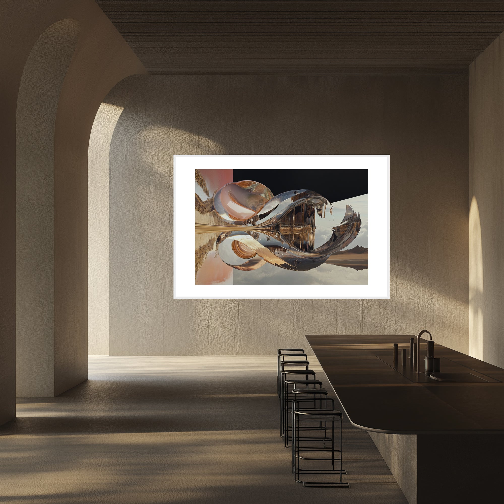 Mockup of Reflective forms flowing beneath an unseen veil, symbolizing restrained luxury and subtle elegance, with a delicate interplay of light and shadow revealing beauty in structure and precision.