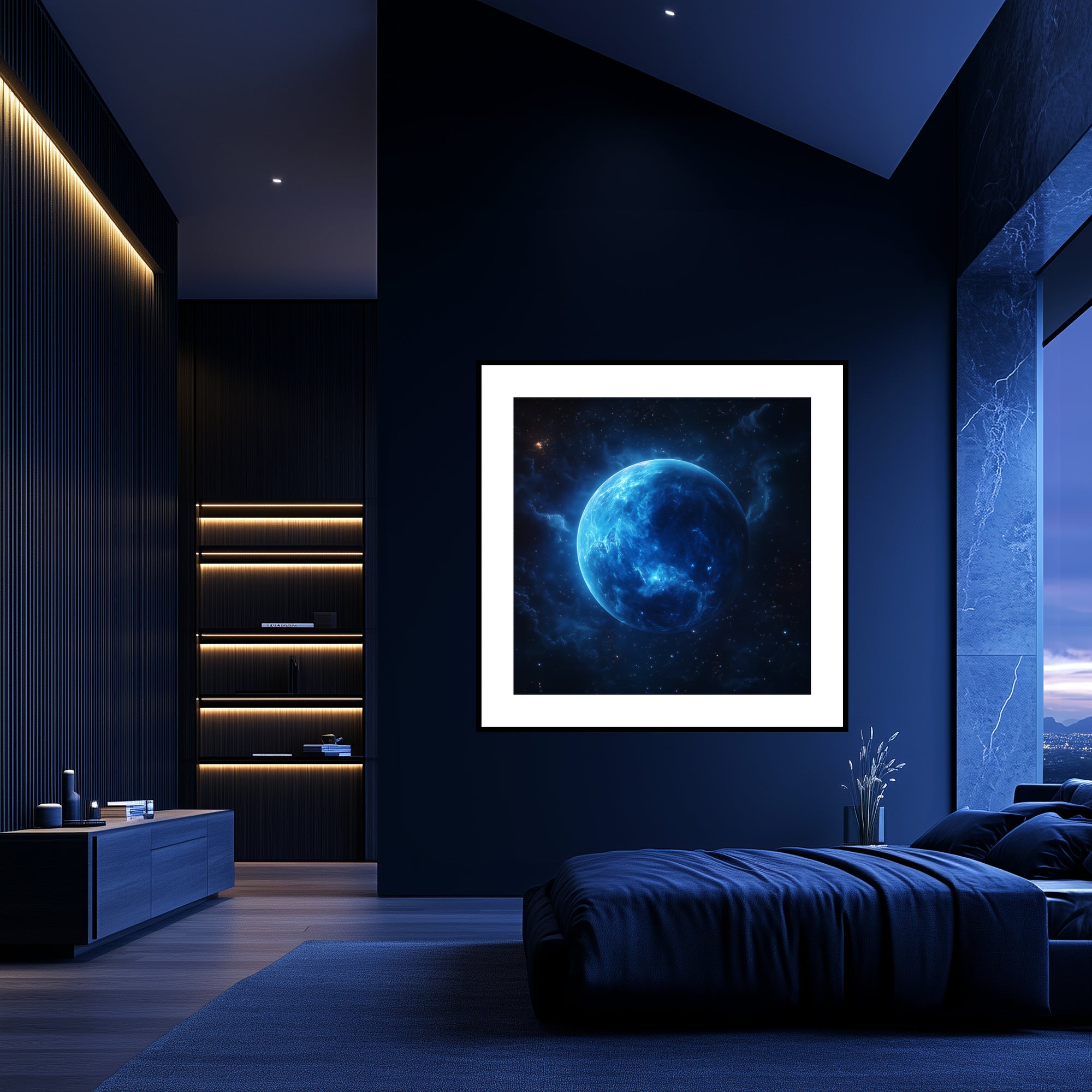 Mockup of Majestic planetary landscape with blue tones and a sense of infinite space.