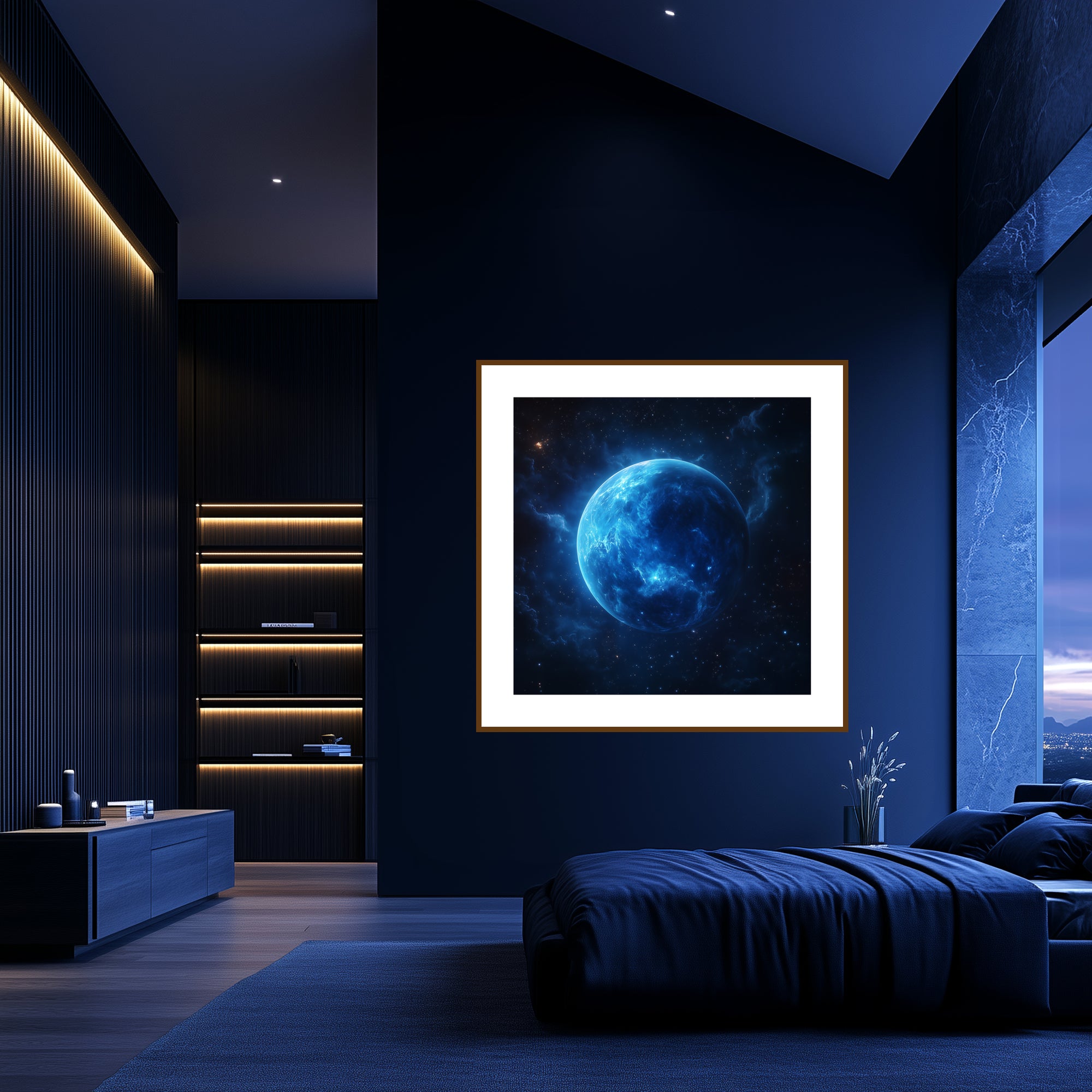 Mockup of Majestic planetary landscape with blue tones and a sense of infinite space.