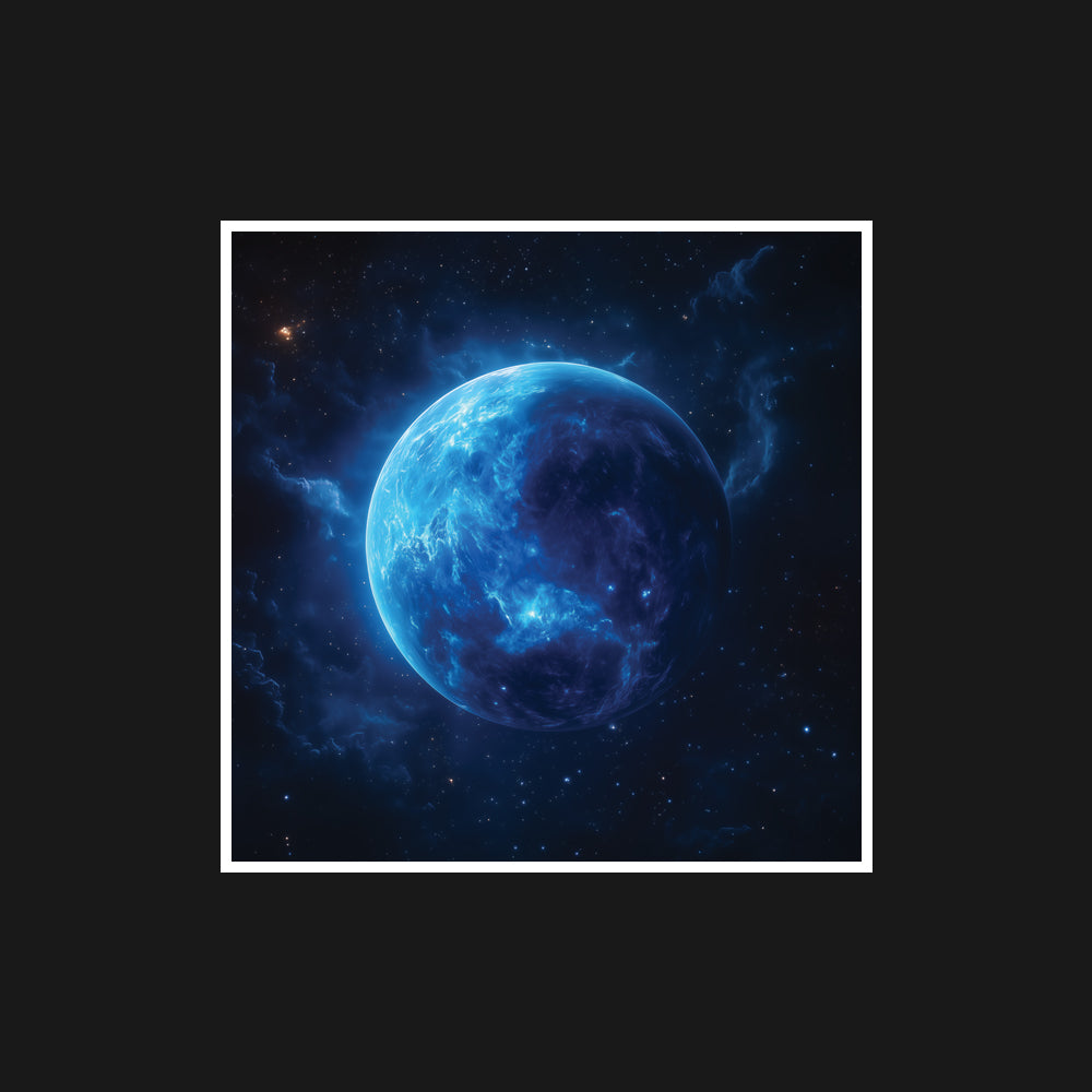 Majestic planetary landscape with blue tones and a sense of infinite space.