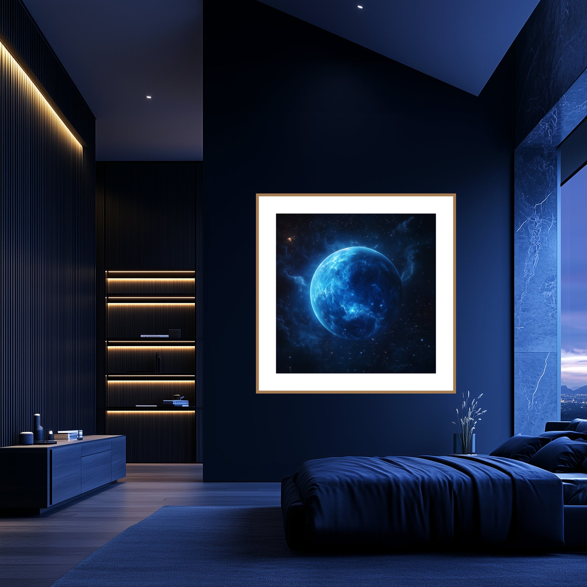 Mockup of Majestic planetary landscape with blue tones and a sense of infinite space.