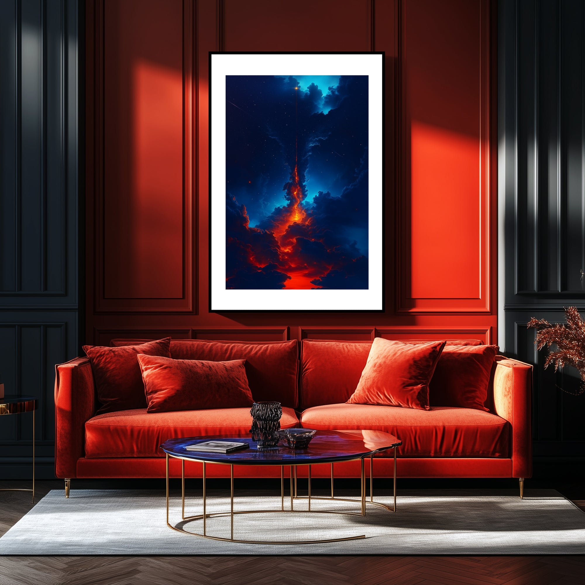 Mockup of a Luminous red chasm burns with celestial fire, contrasting with ethereal blues and rising toward a newborn star, symbolizing the dynamic interplay of creation, destruction, and cosmic transformation.