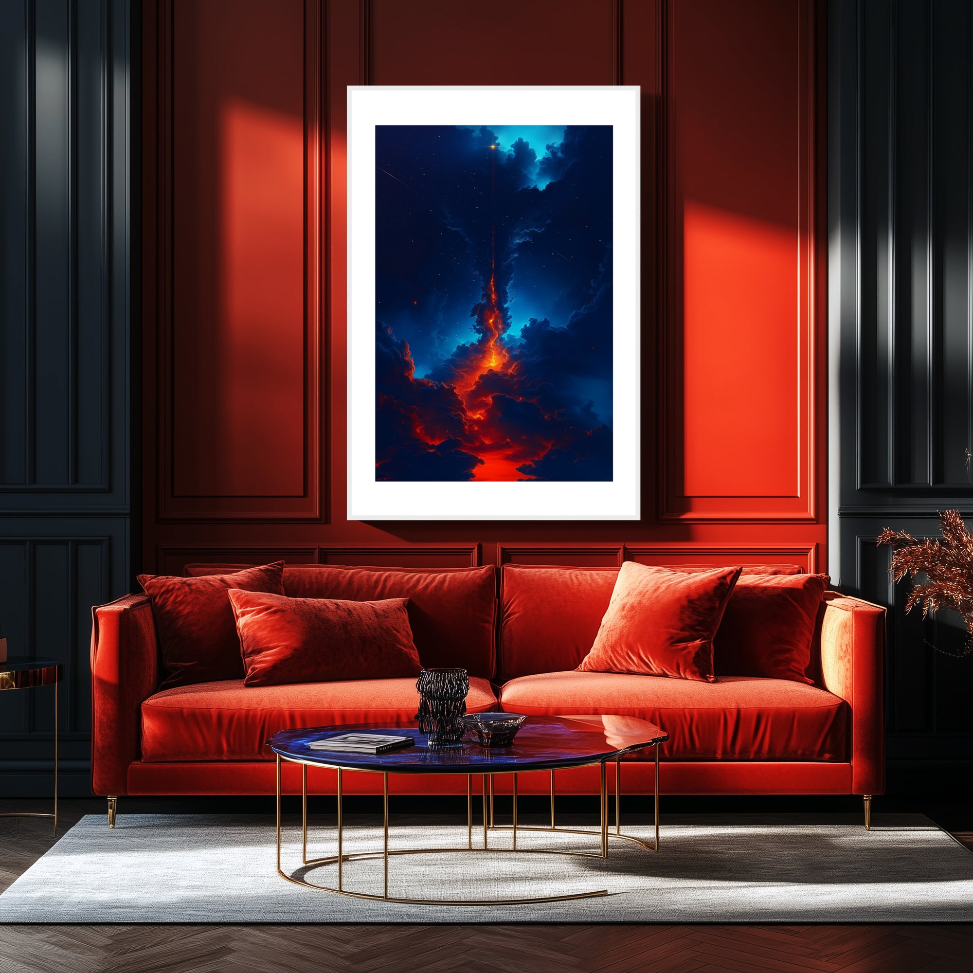 Mockup of a Luminous red chasm burns with celestial fire, contrasting with ethereal blues and rising toward a newborn star, symbolizing the dynamic interplay of creation, destruction, and cosmic transformation.