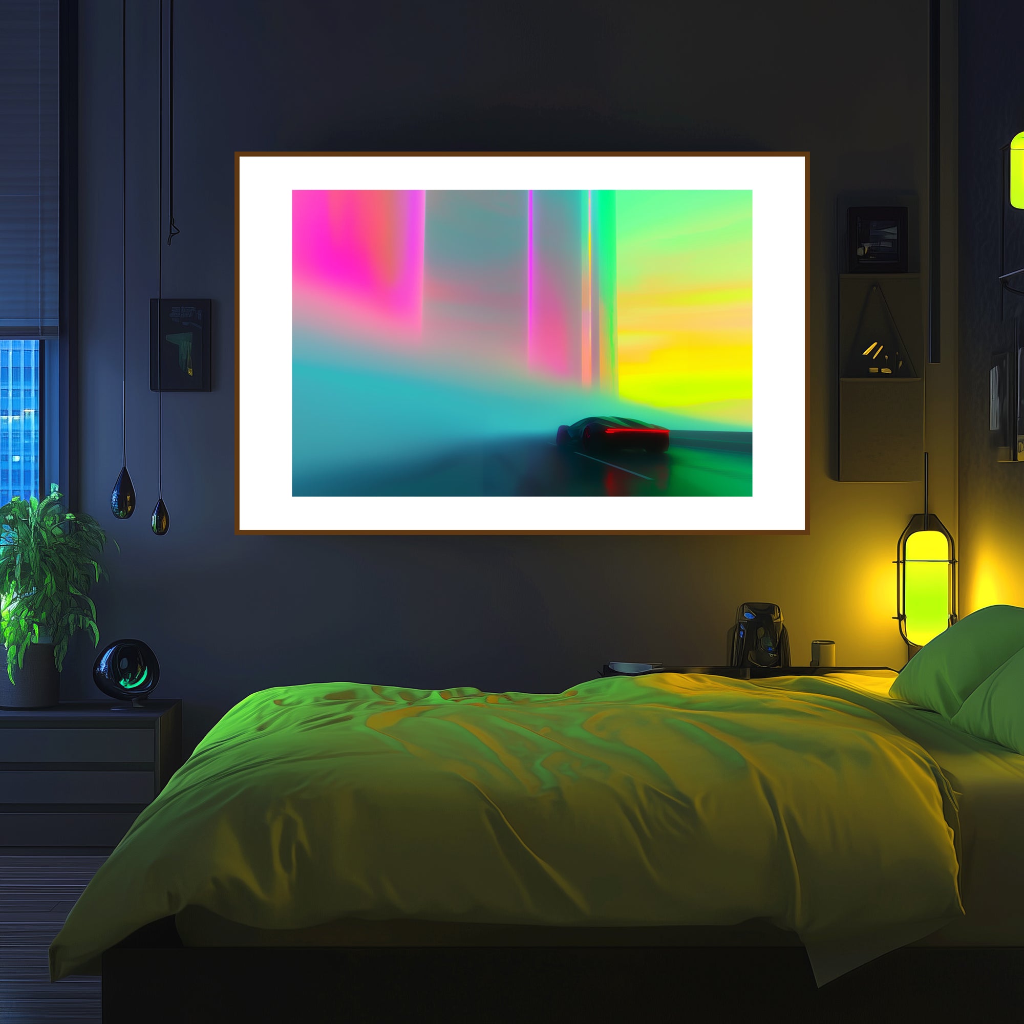 Mockup of a Car gliding through a vibrant haze of neon colors on a road that blurs the line between dream and reality, symbolizing a serene journey into the unknown, filled with potential and optimism.