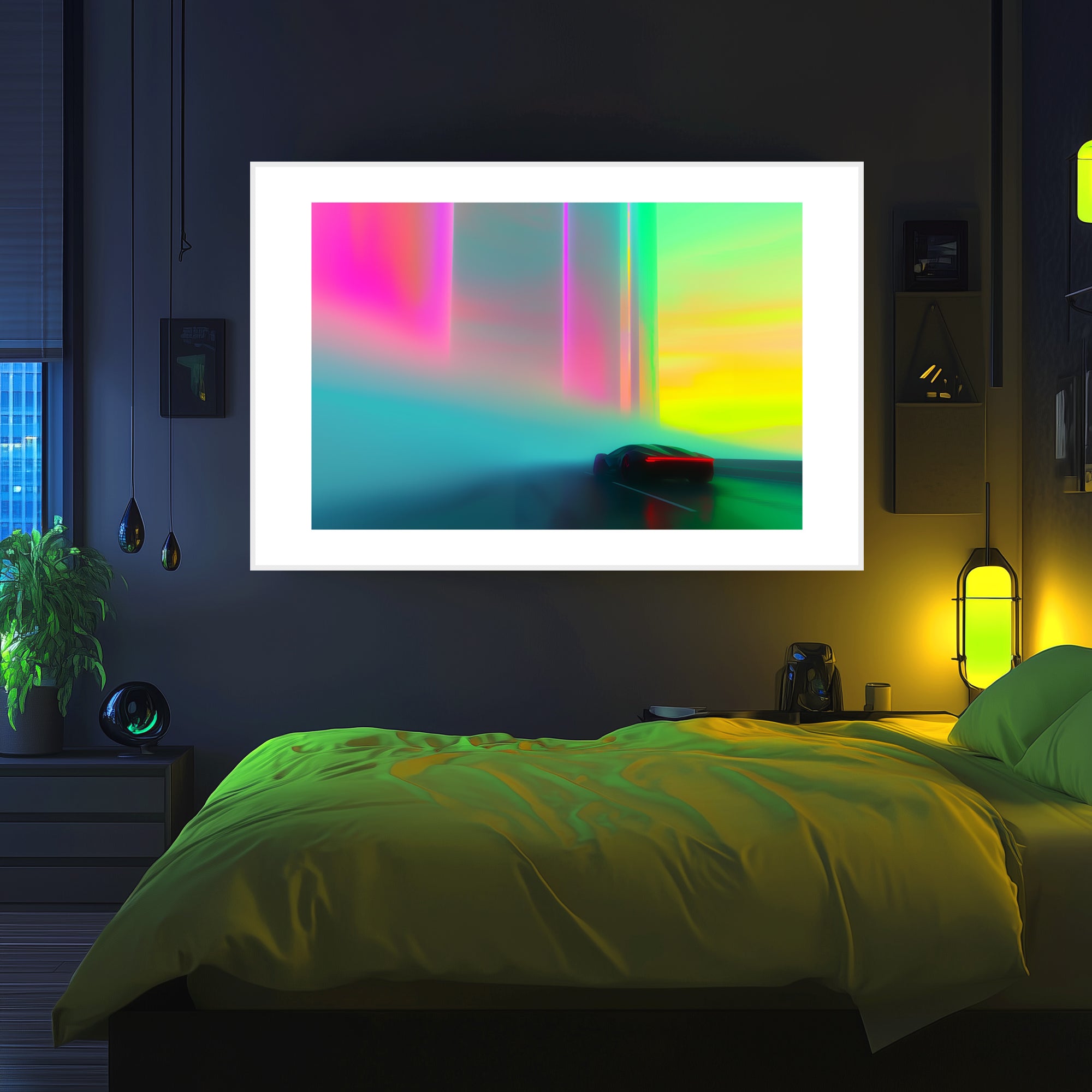 Mockup of a Car gliding through a vibrant haze of neon colors on a road that blurs the line between dream and reality, symbolizing a serene journey into the unknown, filled with potential and optimism.