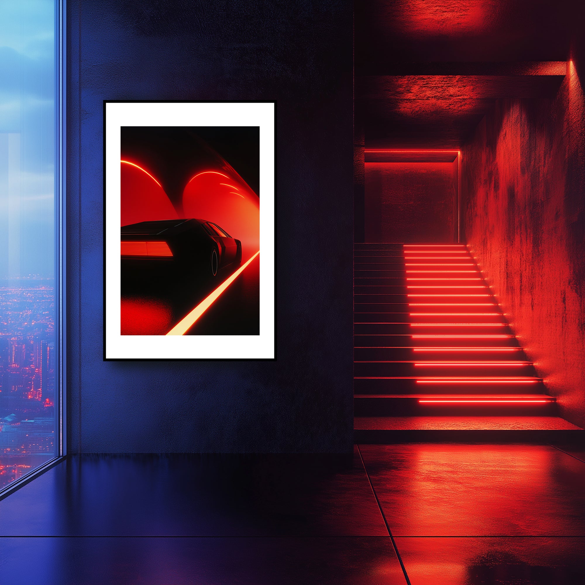 Mockup of a Car gliding through a crimson haze, moving with sharp clarity and embracing danger as a force, symbolizing a journey of calculated choice and quiet rebellion guided by the pulse of possibility.