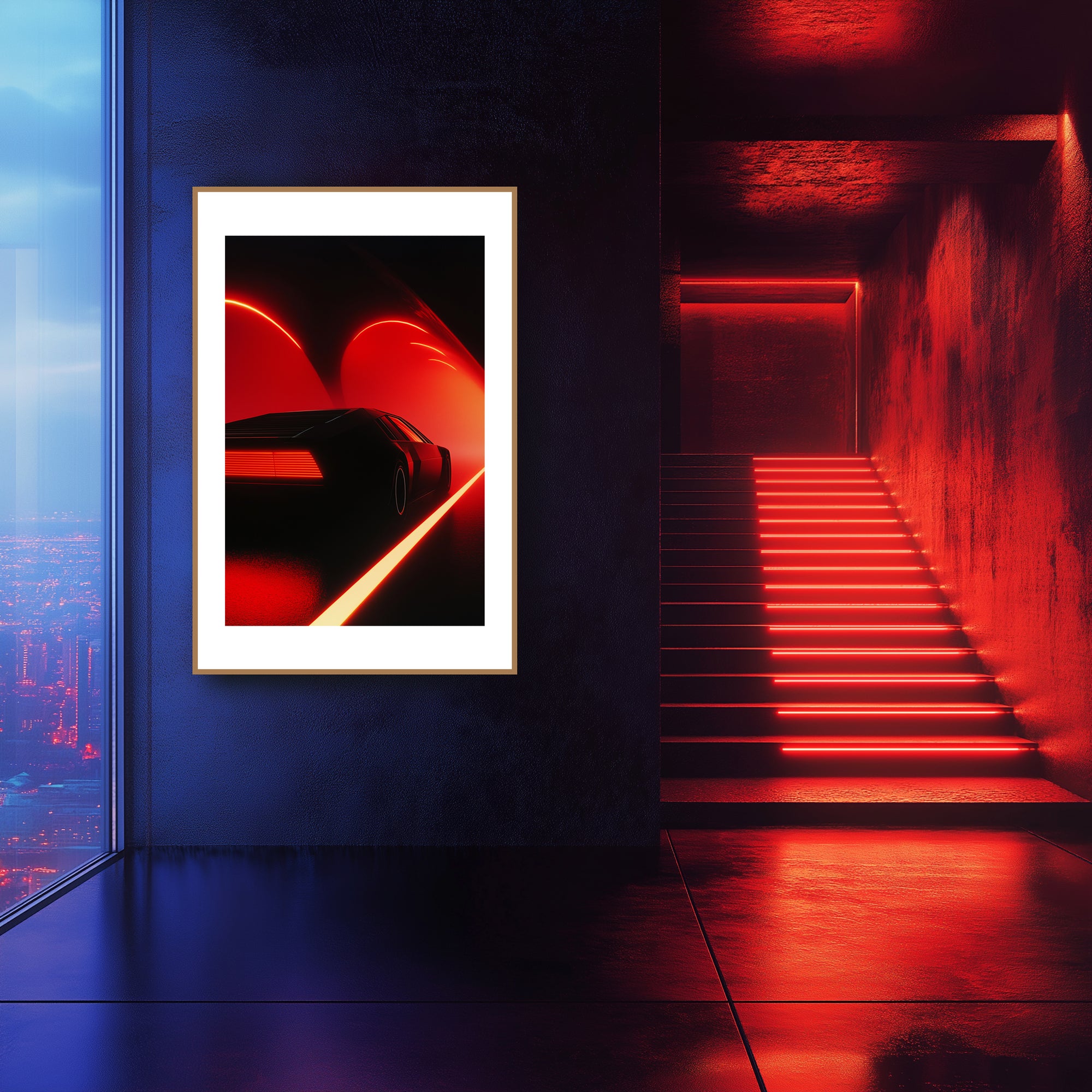 Mockup of a Car gliding through a crimson haze, moving with sharp clarity and embracing danger as a force, symbolizing a journey of calculated choice and quiet rebellion guided by the pulse of possibility.