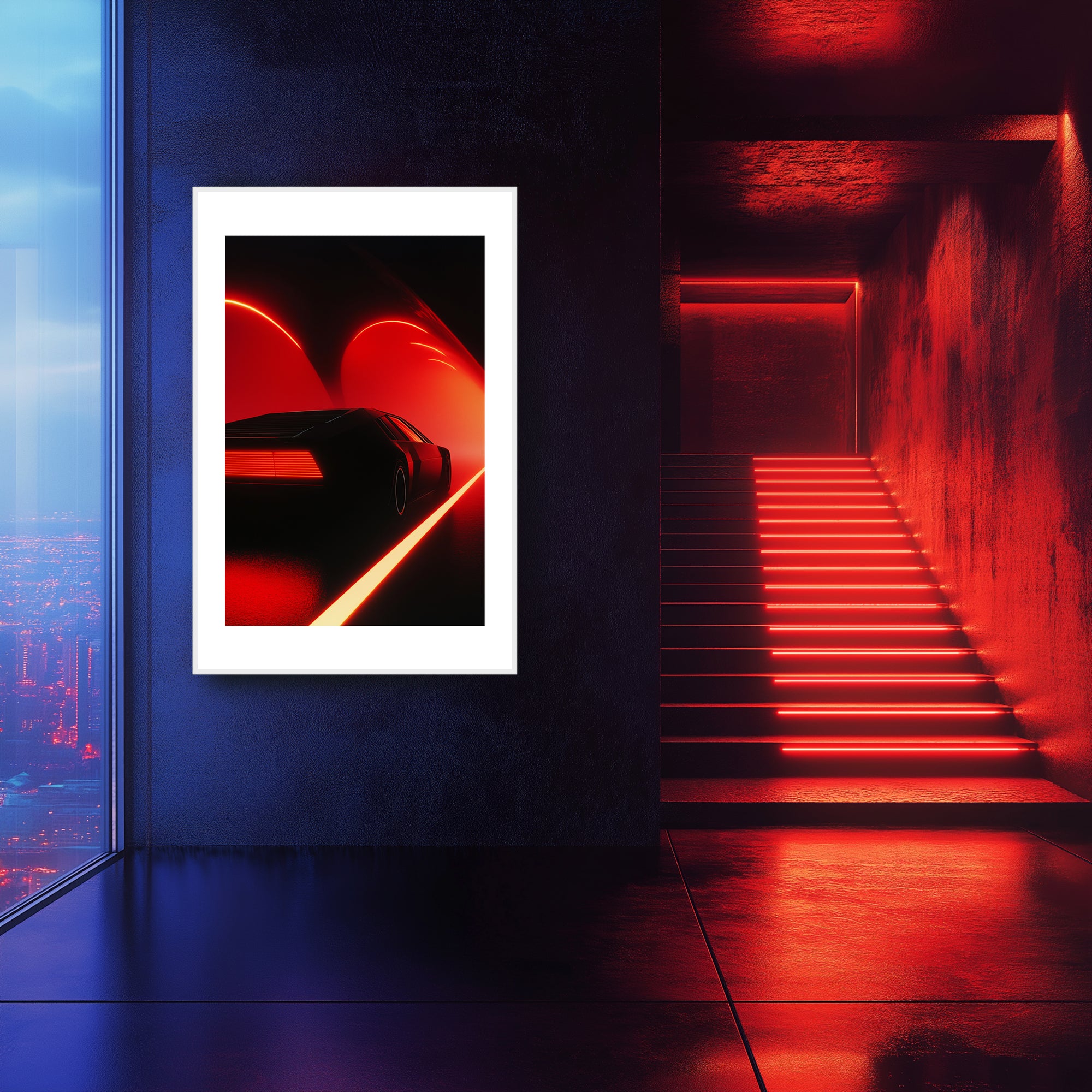 Mockup of a Car gliding through a crimson haze, moving with sharp clarity and embracing danger as a force, symbolizing a journey of calculated choice and quiet rebellion guided by the pulse of possibility.