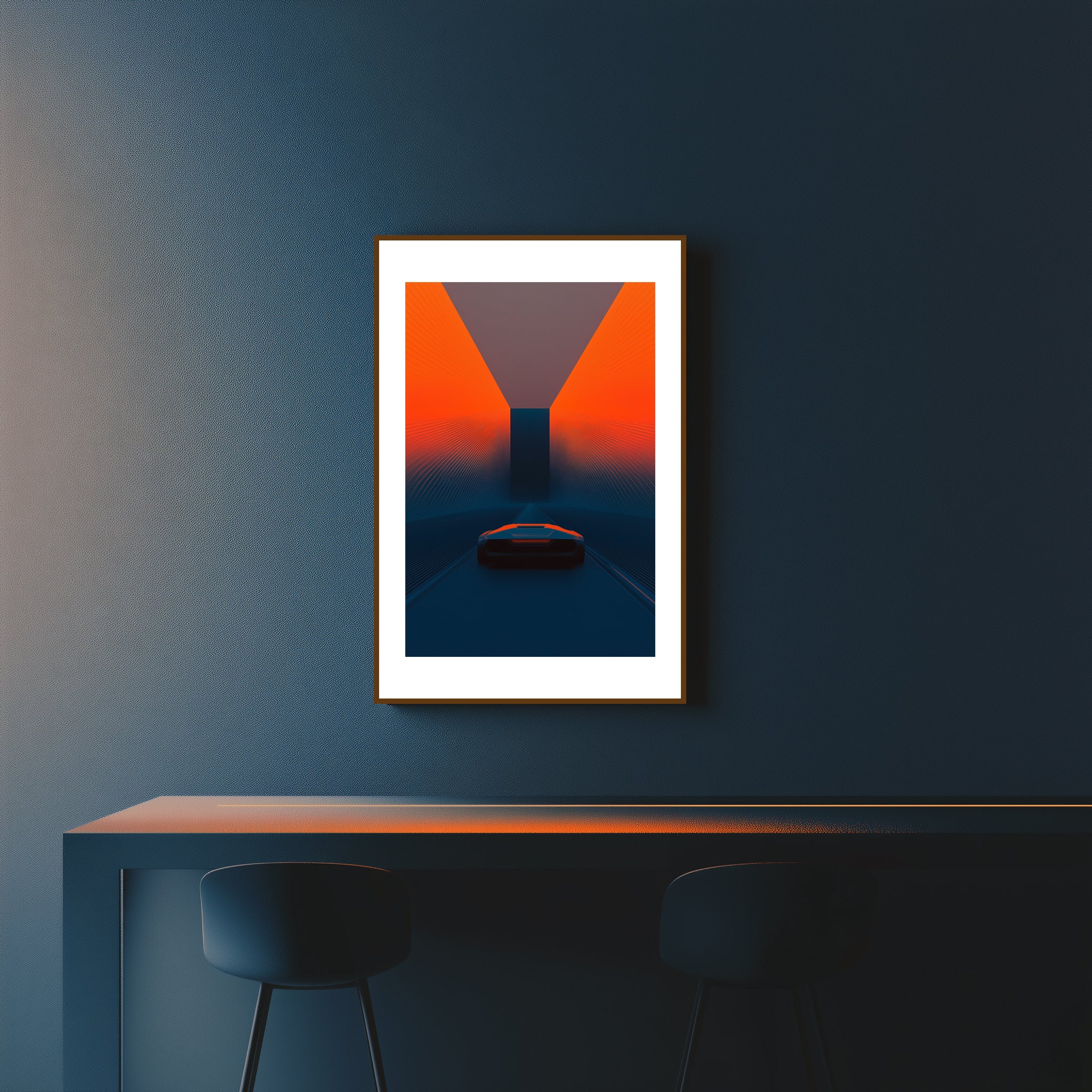 Mockup of Fractured electric blue and orange neon hues pulse through a chaotic Hyperlane, with twisting walls and shifting synthetic light, symbolizing a fluid and rebellious future in constant flux.